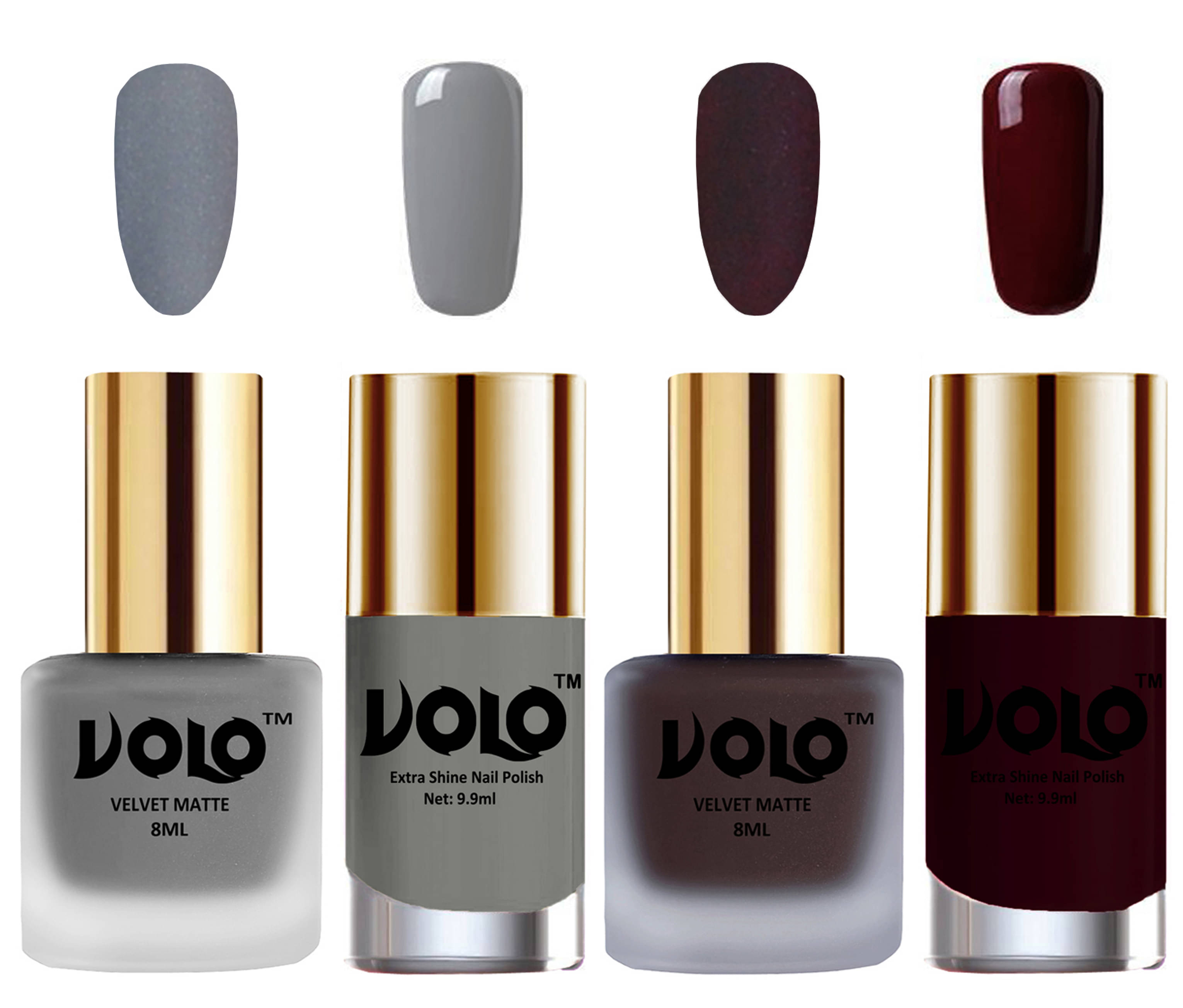 VOLO Extra Shine AND Dull Velvet Matte Nail Polish Grey,Coffee,Grey, Maroon Glossy Pack of 4 36 mL VOLO Extra Shine AND Dull Velvet Matte Nail Polish Grey,Coffee,Grey, Maroon Glossy Pack of 4 36 mL