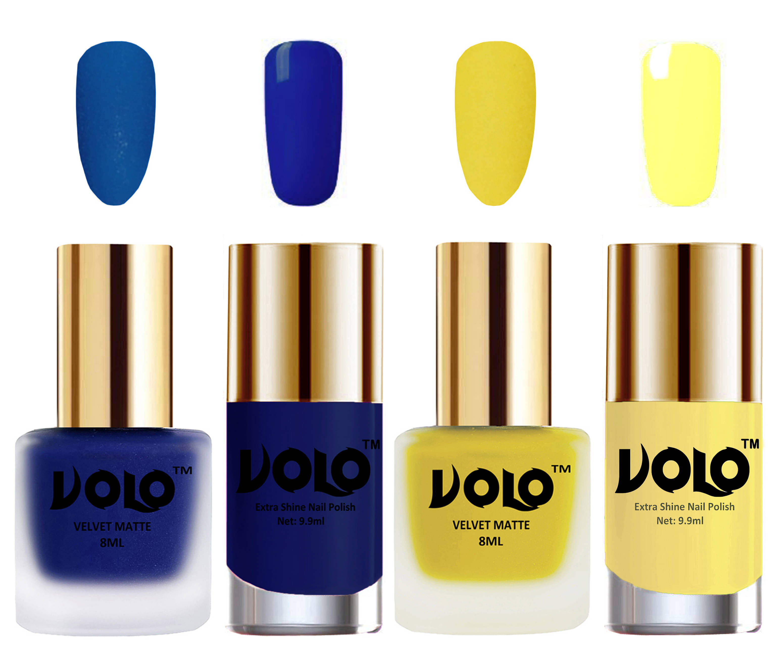 VOLO Extra Shine AND Dull Velvet Matte Nail Polish Blue,Yellow,Blue, Yellow Matte Pack of 4 36 mL VOLO Extra Shine AND Dull Velvet Matte Nail Polish Blue,Yellow,Blue, Yellow Matte Pack of 4 36 mL