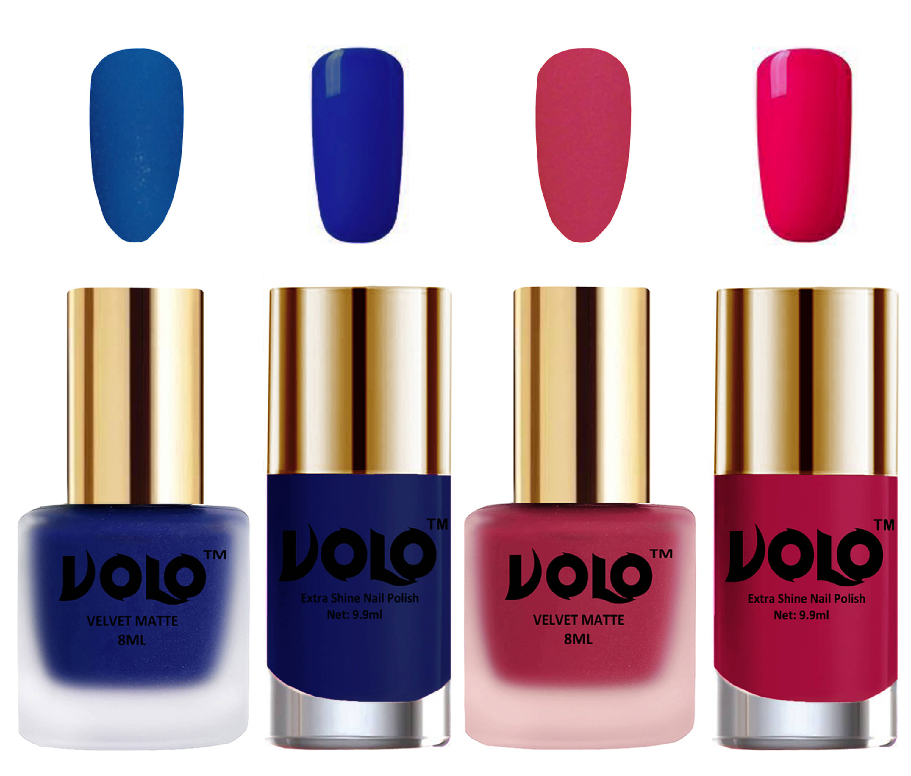 VOLO Extra Shine AND Dull Velvet Matte Nail Polish Blue,Pink,Blue, Magenta Glossy Pack of 4 36 mL VOLO Extra Shine AND Dull Velvet Matte Nail Polish Blue,Pink,Blue, Magenta Glossy Pack of 4 36 mL