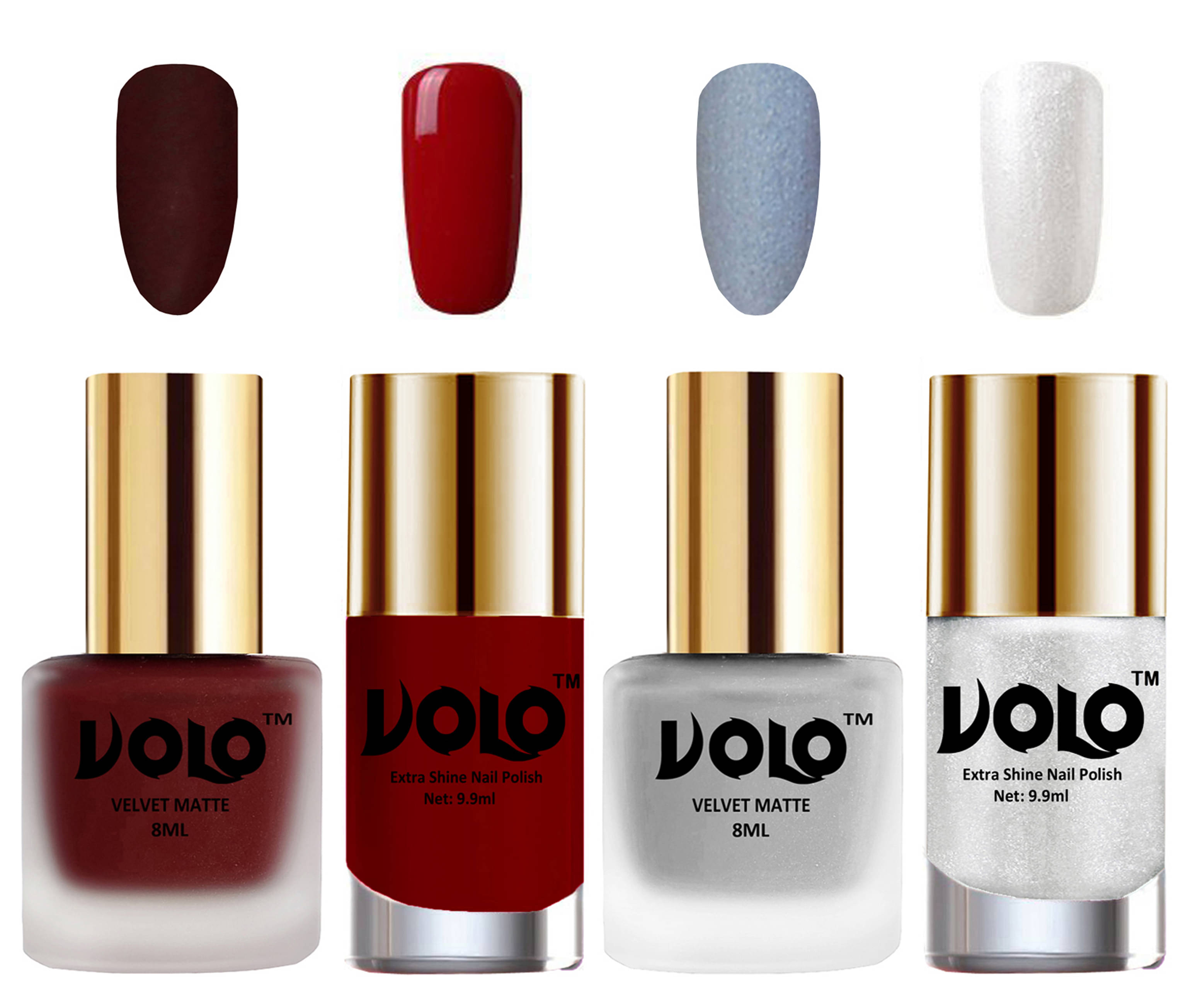 VOLO Extra Shine AND Dull Velvet Matte Nail Polish Maroon,Silver,Red, Silver Glossy Pack of 4 36 mL VOLO Extra Shine AND Dull Velvet Matte Nail Polish Maroon,Silver,Red, Silver Glossy Pack of 4 36 mL