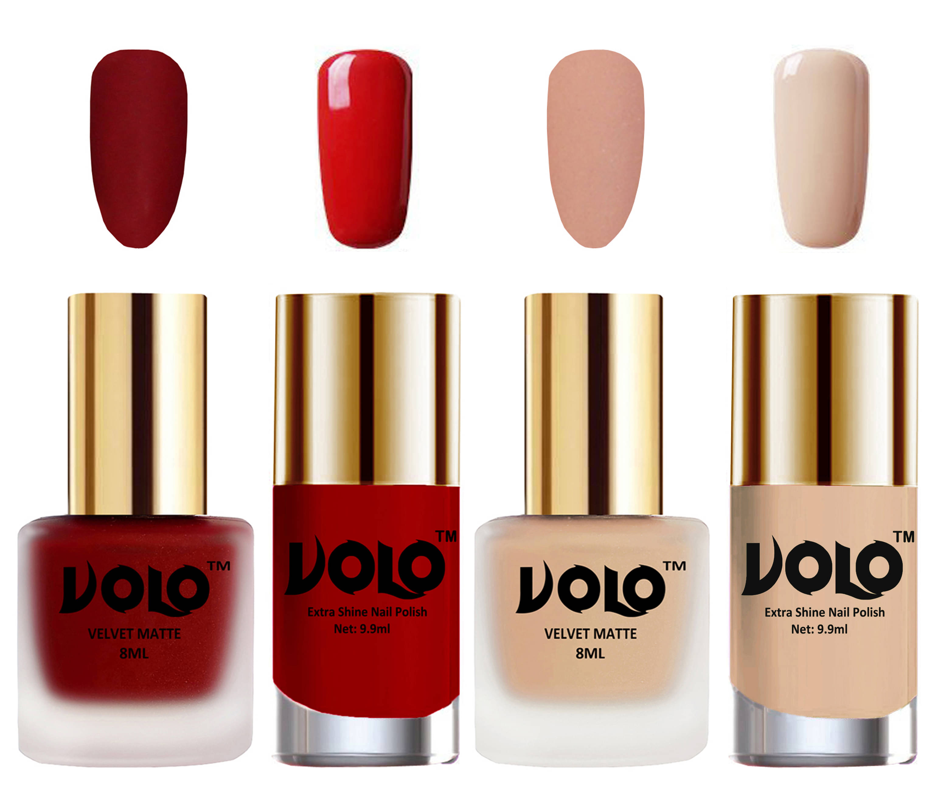 VOLO Extra Shine AND Dull Velvet Matte Nail Polish Red,Nude,Red, Nude Glossy Pack of 4 36 mL VOLO Extra Shine AND Dull Velvet Matte Nail Polish Red,Nude,Red, Nude Glossy Pack of 4 36 mL