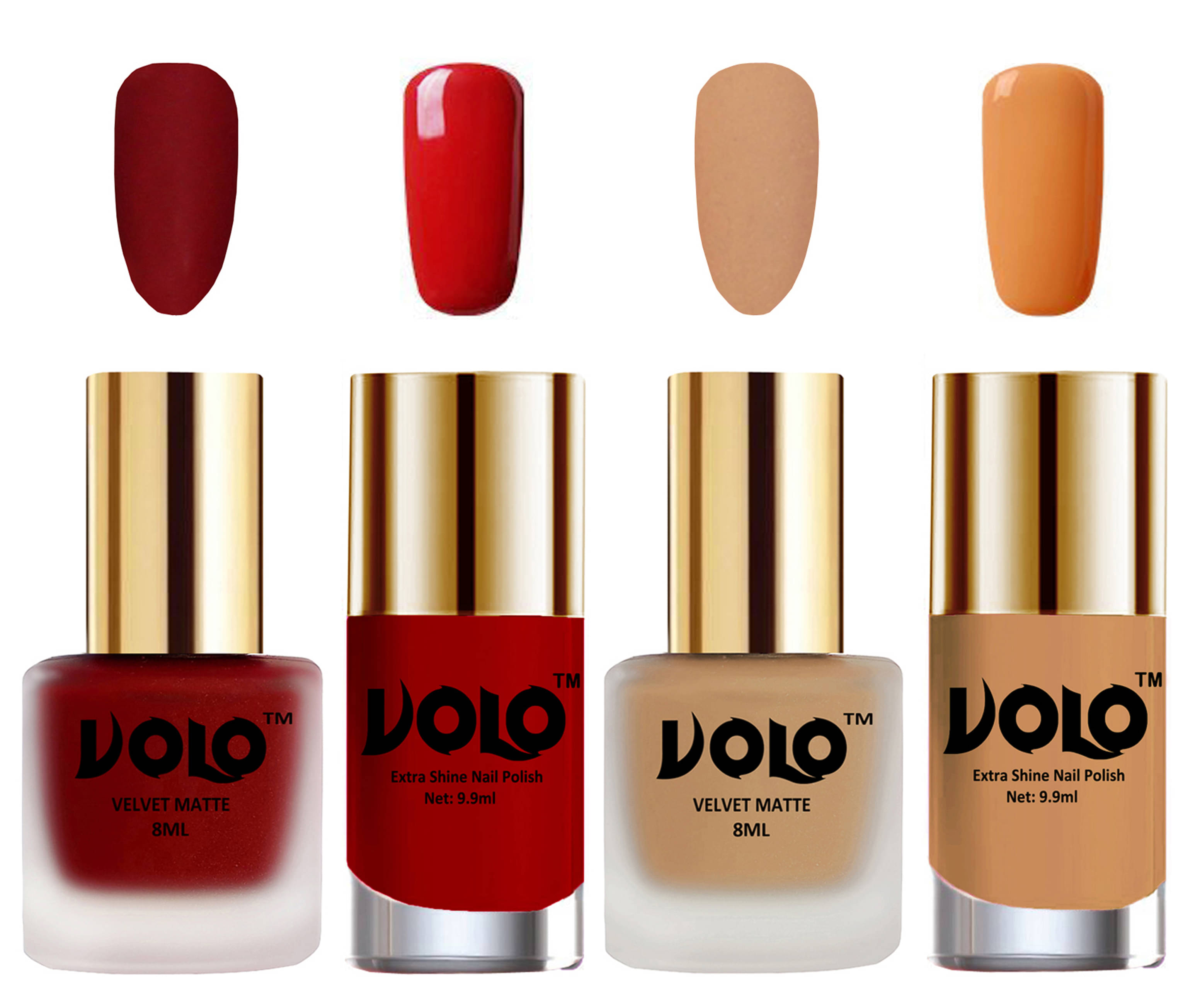 VOLO Extra Shine AND Dull Velvet Matte Nail Polish Red,Nude,Red, Nude Glossy Pack of 4 36 mL     			VOLO Extra Shine AND Dull Velvet Matte Nail Polish Red,Nude,Red, Nude Glossy Pack of 4 36 mL