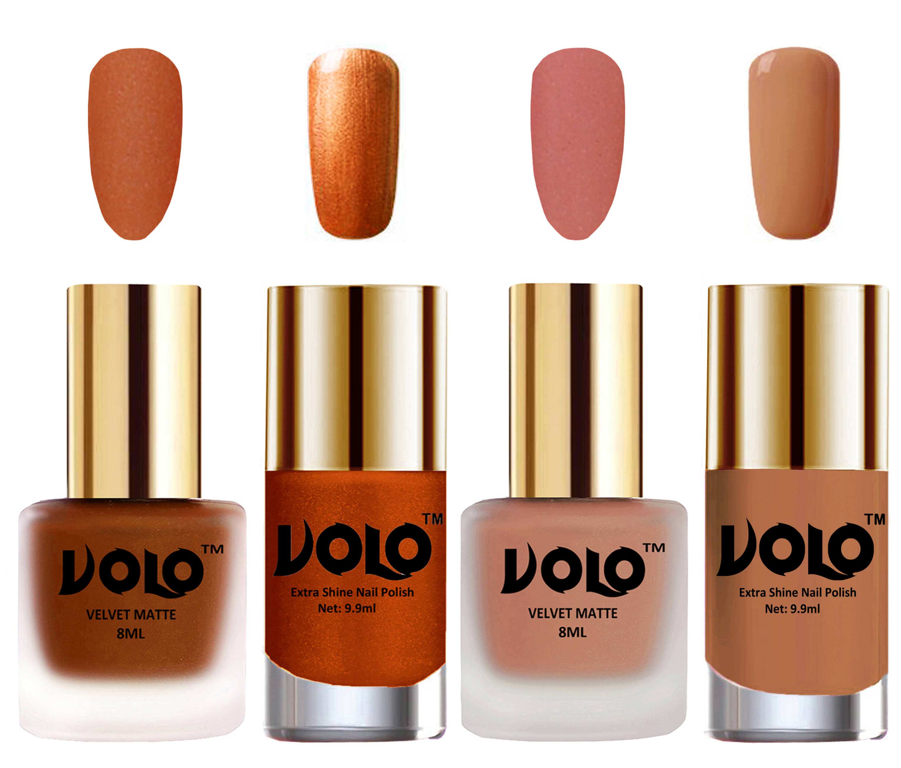 VOLO Extra Shine AND Dull Velvet Matte Nail Polish Coral,Peach,Gold, Nude Matte Pack of 4 36 mL VOLO Extra Shine AND Dull Velvet Matte Nail Polish Coral,Peach,Gold, Nude Matte Pack of 4 36 mL