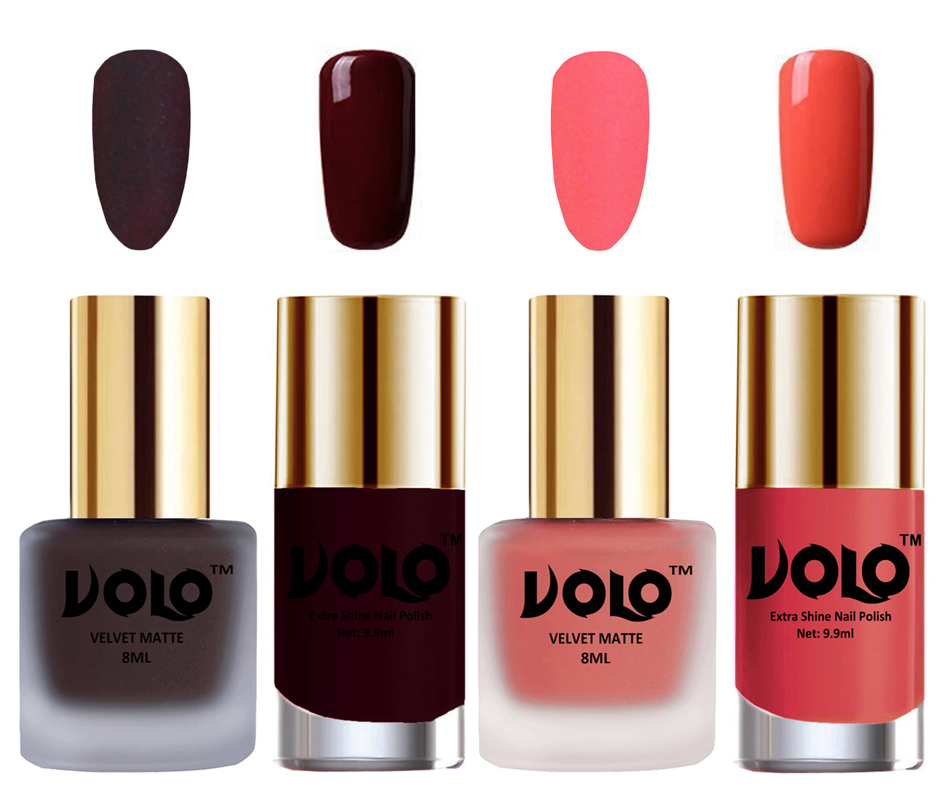 VOLO Extra Shine AND Dull Velvet Matte Nail Polish Coffee,Peach,Maroon, Coral Glossy Pack of 4 36 mL VOLO Extra Shine AND Dull Velvet Matte Nail Polish Coffee,Peach,Maroon, Coral Glossy Pack of 4 36 mL