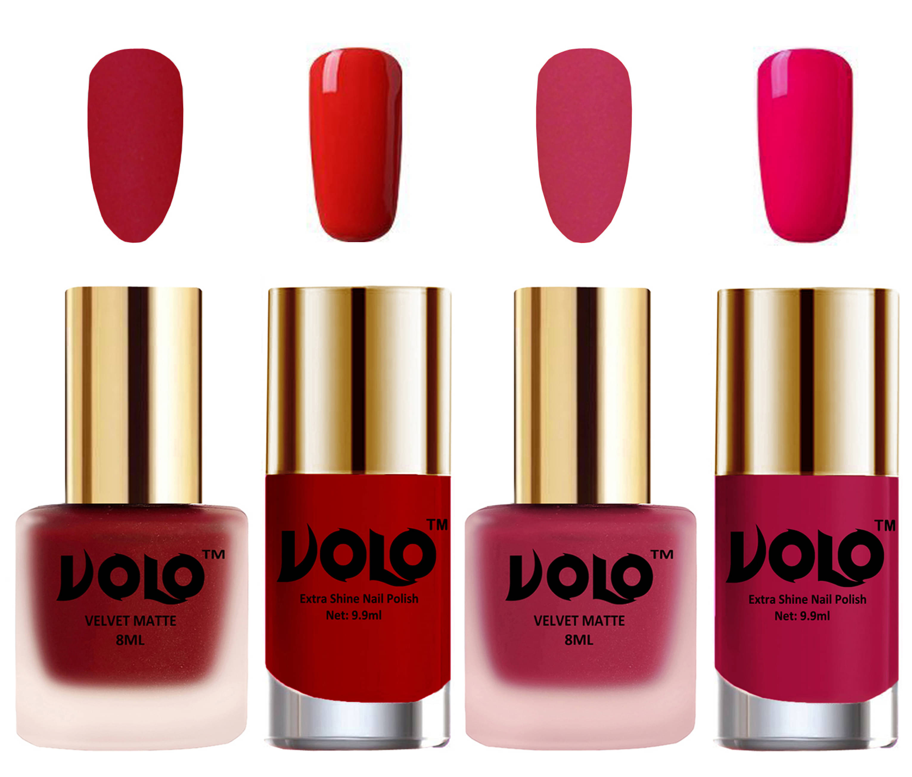 VOLO Extra Shine AND Dull Velvet Matte Nail Polish Red,Pink,Orange, Magenta Matte Pack of 4 36 mL VOLO Extra Shine AND Dull Velvet Matte Nail Polish Red,Pink,Orange, Magenta Matte Pack of 4 36 mL