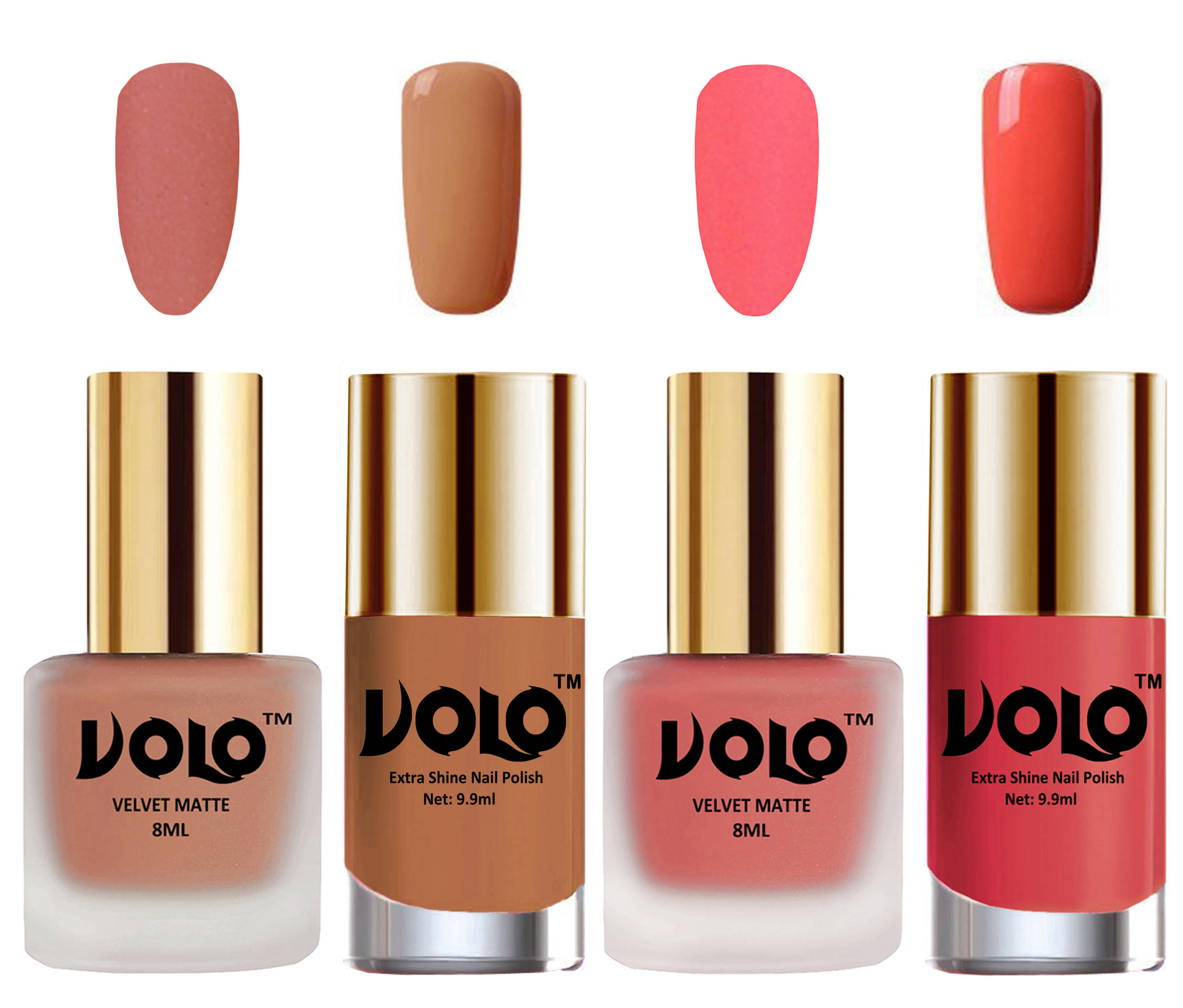 VOLO Extra Shine AND Dull Velvet Matte Nail Polish Peach,Peach,Nude, Coral Glossy Pack of 4 36 mL VOLO Extra Shine AND Dull Velvet Matte Nail Polish Peach,Peach,Nude, Coral Glossy Pack of 4 36 mL
