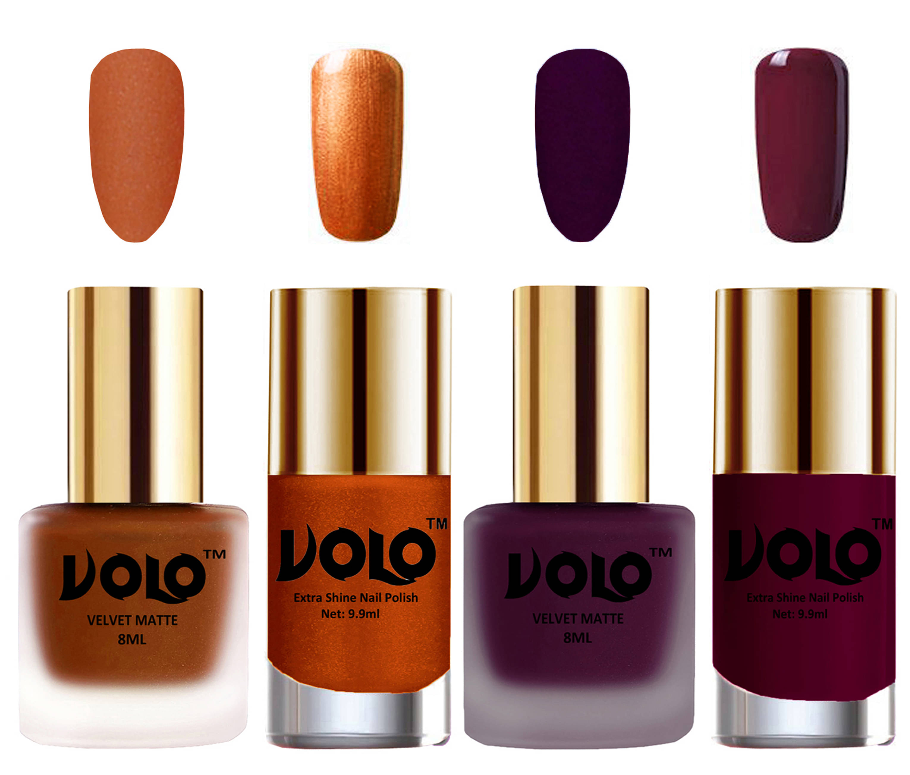     			VOLO Extra Shine AND Dull Velvet Matte Nail Polish Coral,Wine,Gold, Wine Glossy Pack of 4 36 mL
