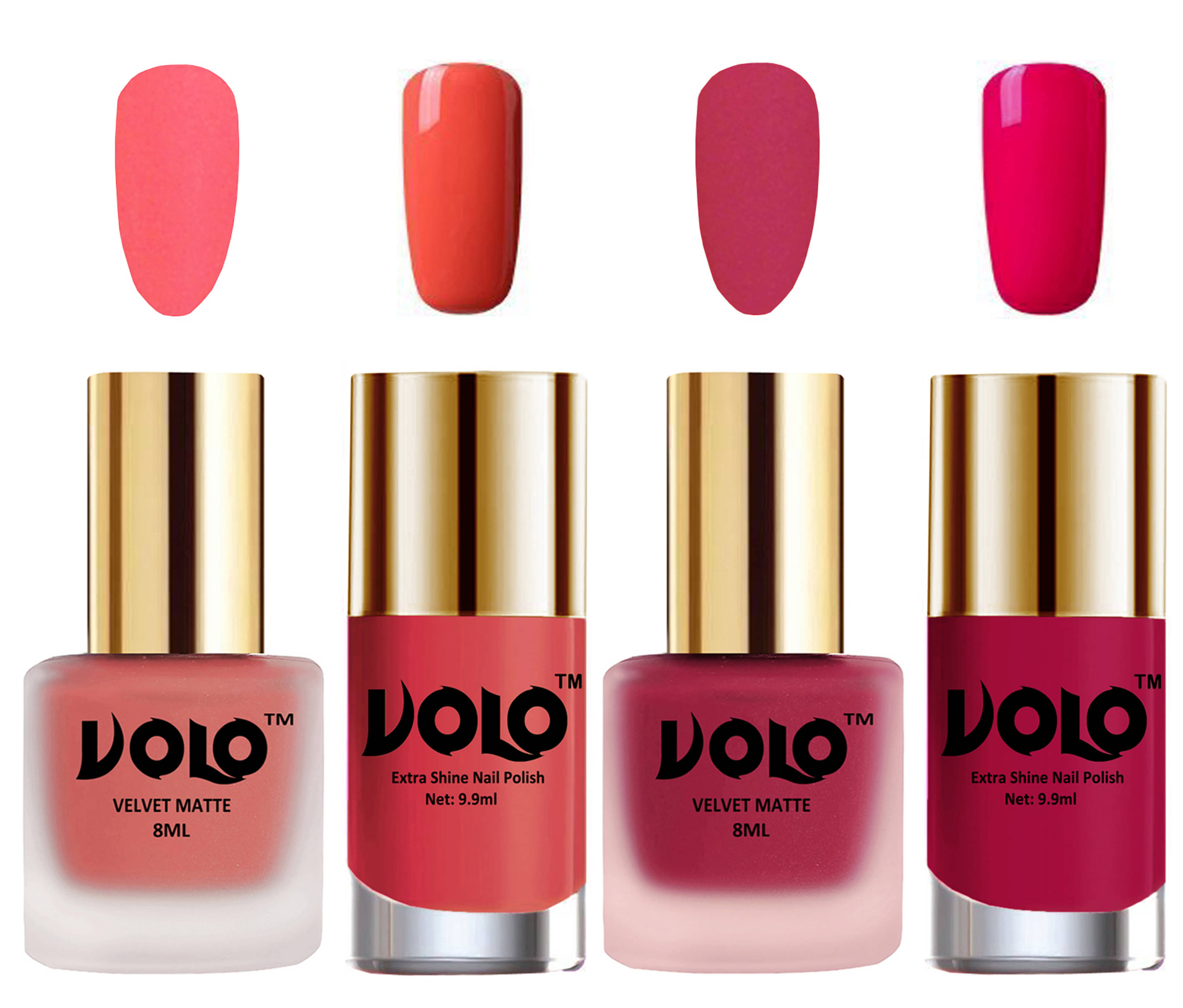 VOLO Extra Shine AND Dull Velvet Matte Nail Polish Peach,Pink,Peach, Magenta Matte Pack of 4 36 mL VOLO Extra Shine AND Dull Velvet Matte Nail Polish Peach,Pink,Peach, Magenta Matte Pack of 4 36 mL