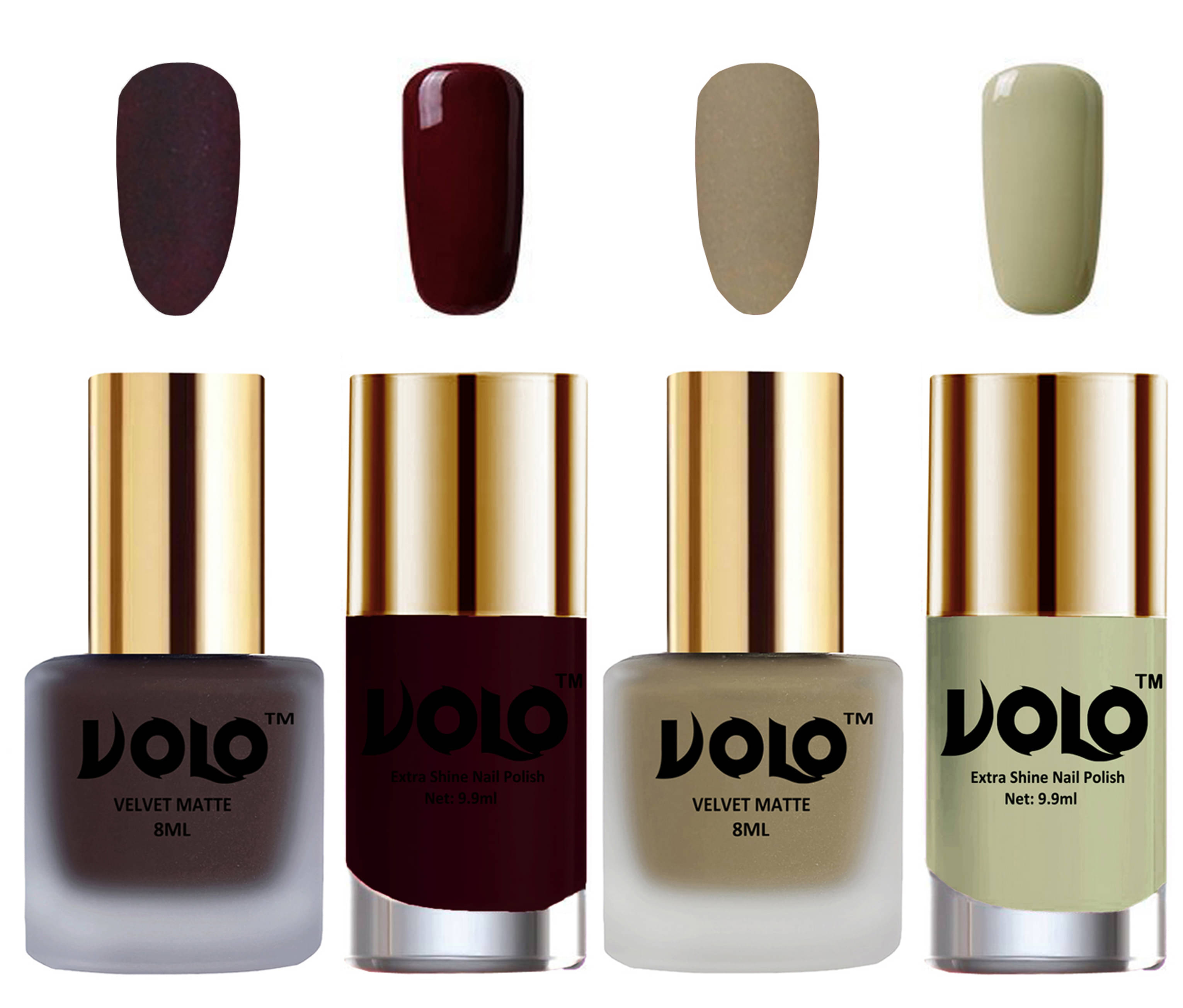 VOLO Extra Shine AND Dull Velvet Matte Nail Polish Coffee,Nude,Maroon, Grey Glossy Pack of 4 36 mL VOLO Extra Shine AND Dull Velvet Matte Nail Polish Coffee,Nude,Maroon, Grey Glossy Pack of 4 36 mL