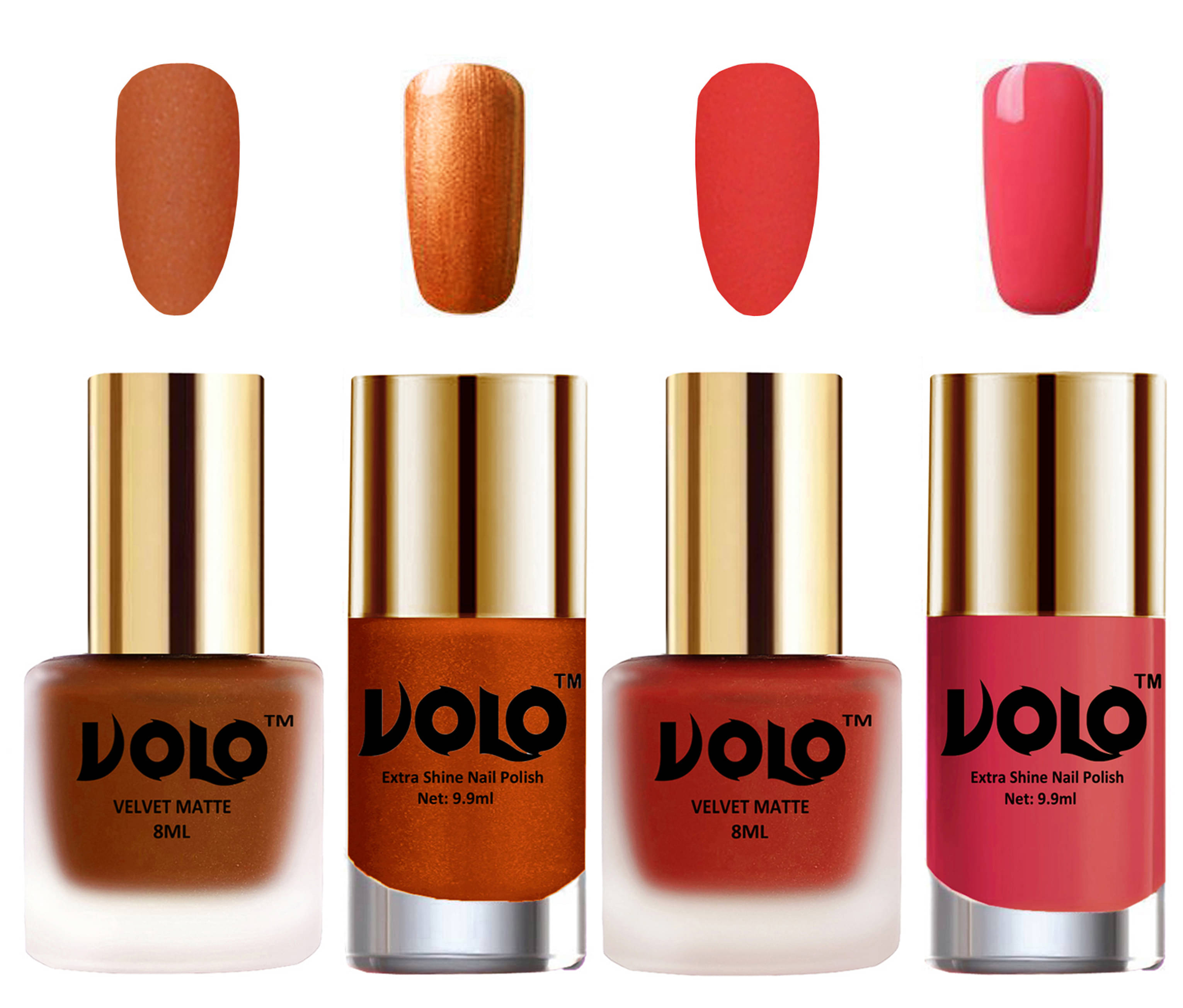 VOLO Extra Shine AND Dull Velvet Matte Nail Polish Coral,Coral,Gold, Pink Matte Pack of 4 36 mL VOLO Extra Shine AND Dull Velvet Matte Nail Polish Coral,Coral,Gold, Pink Matte Pack of 4 36 mL