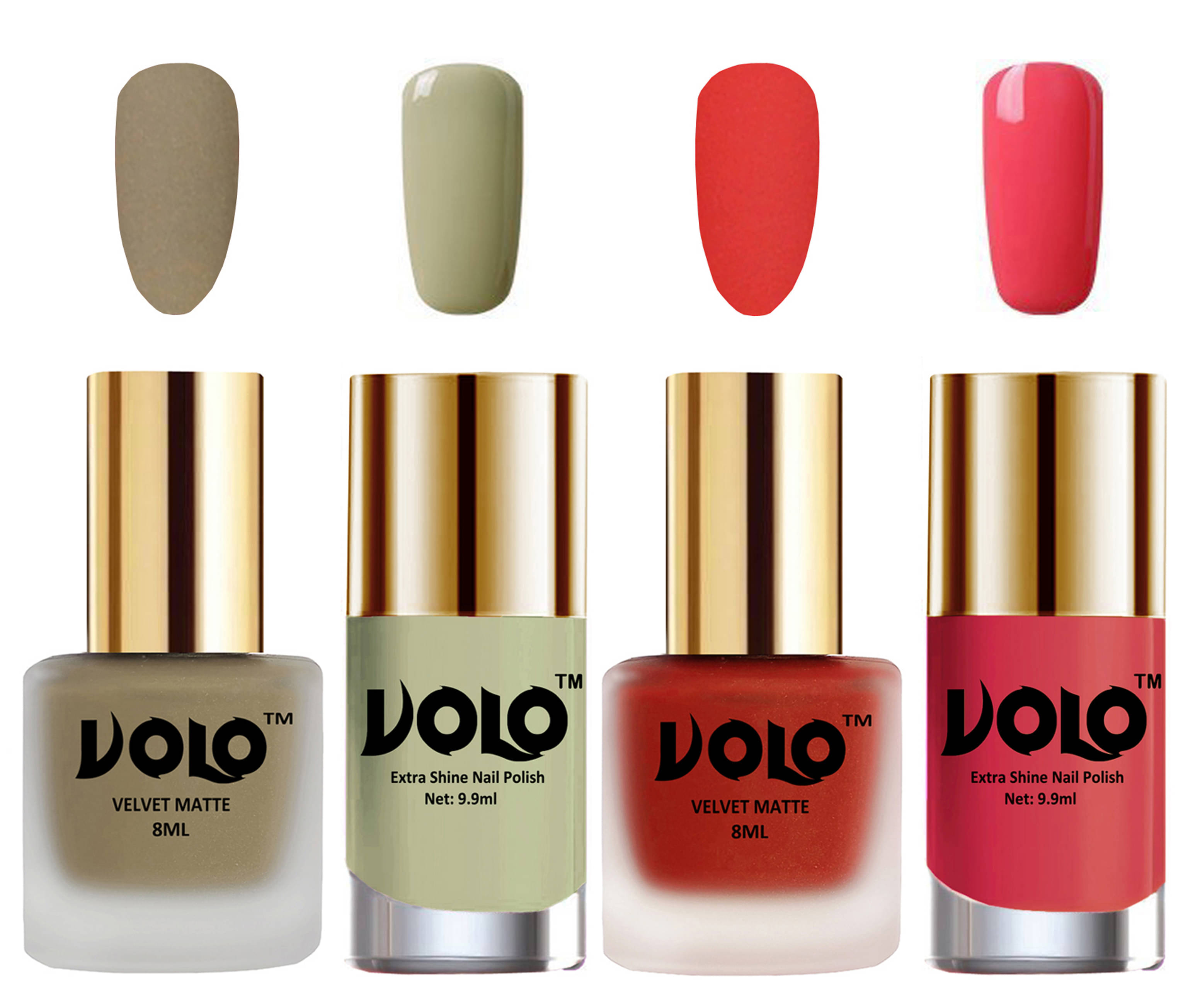     			VOLO Extra Shine AND Dull Velvet Matte Nail Polish Nude,Coral,Grey, Pink Glossy Pack of 4 36 mL