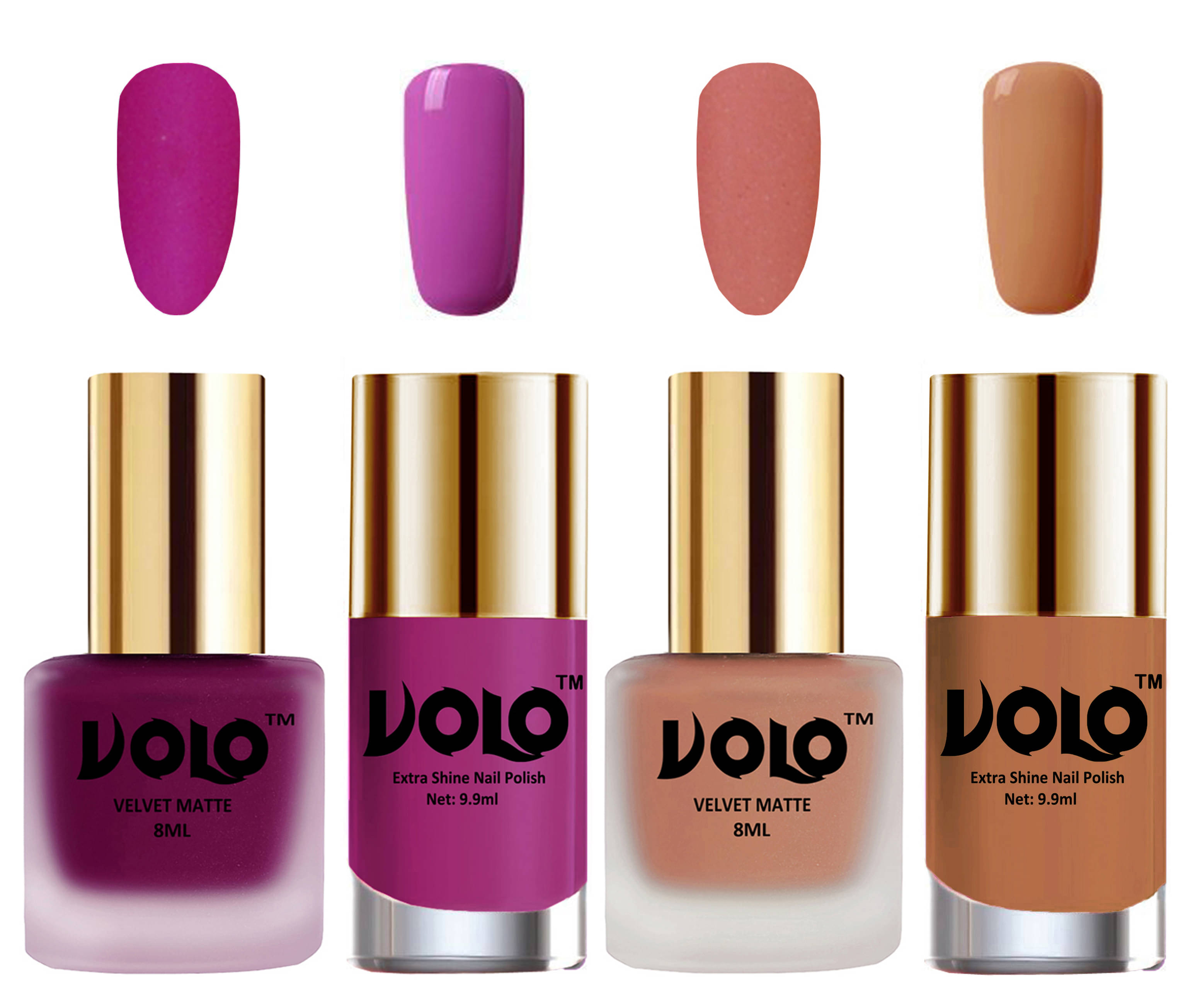 VOLO Extra Shine AND Dull Velvet Matte Nail Polish Magenta,Peach,Pink, Nude Glossy Pack of 4 36 mL VOLO Extra Shine AND Dull Velvet Matte Nail Polish Magenta,Peach,Pink, Nude Glossy Pack of 4 36 mL