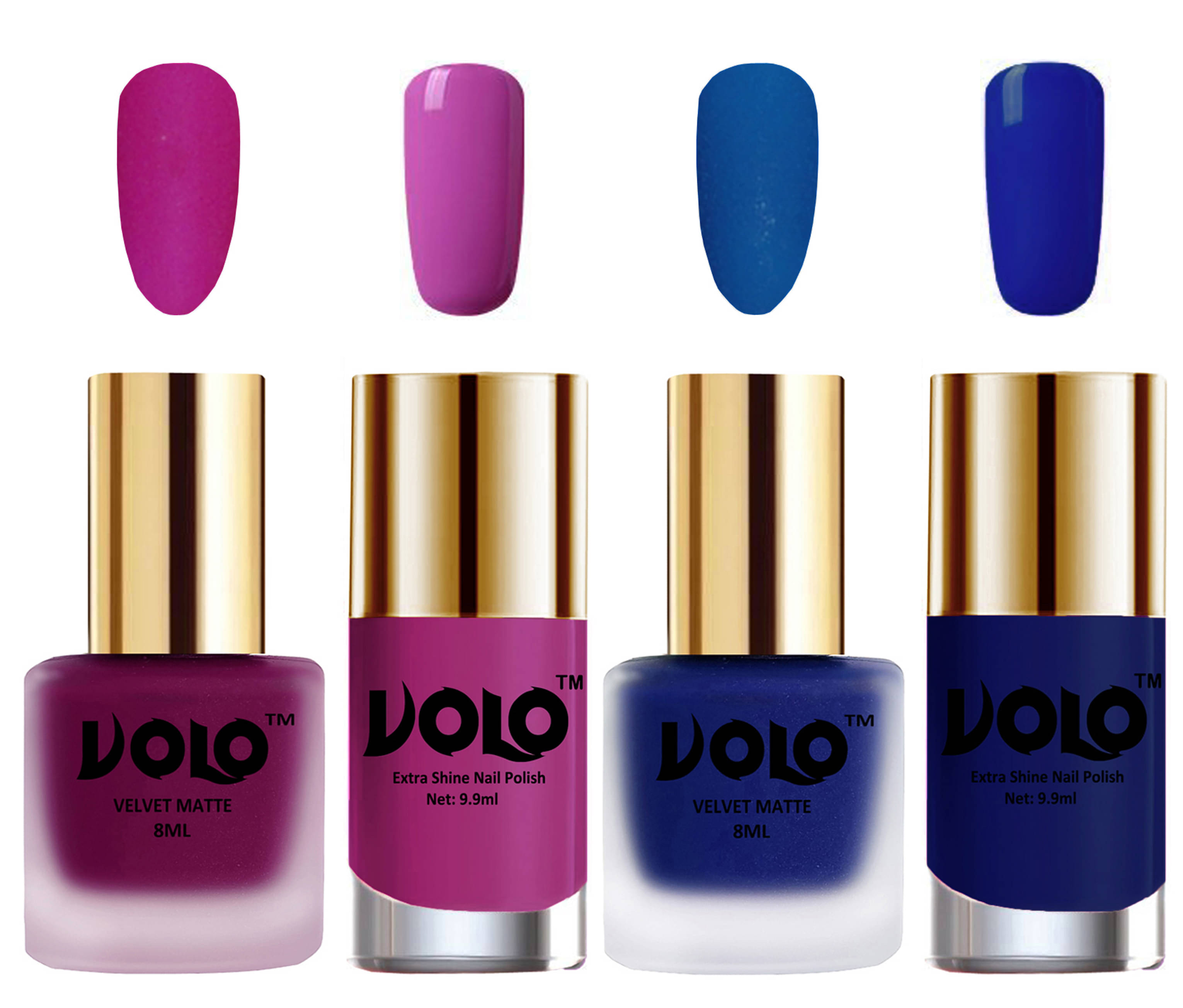     			VOLO Extra Shine AND Dull Velvet Matte Nail Polish Magenta,Blue,Pink, Blue Glossy Pack of 4 36 mL