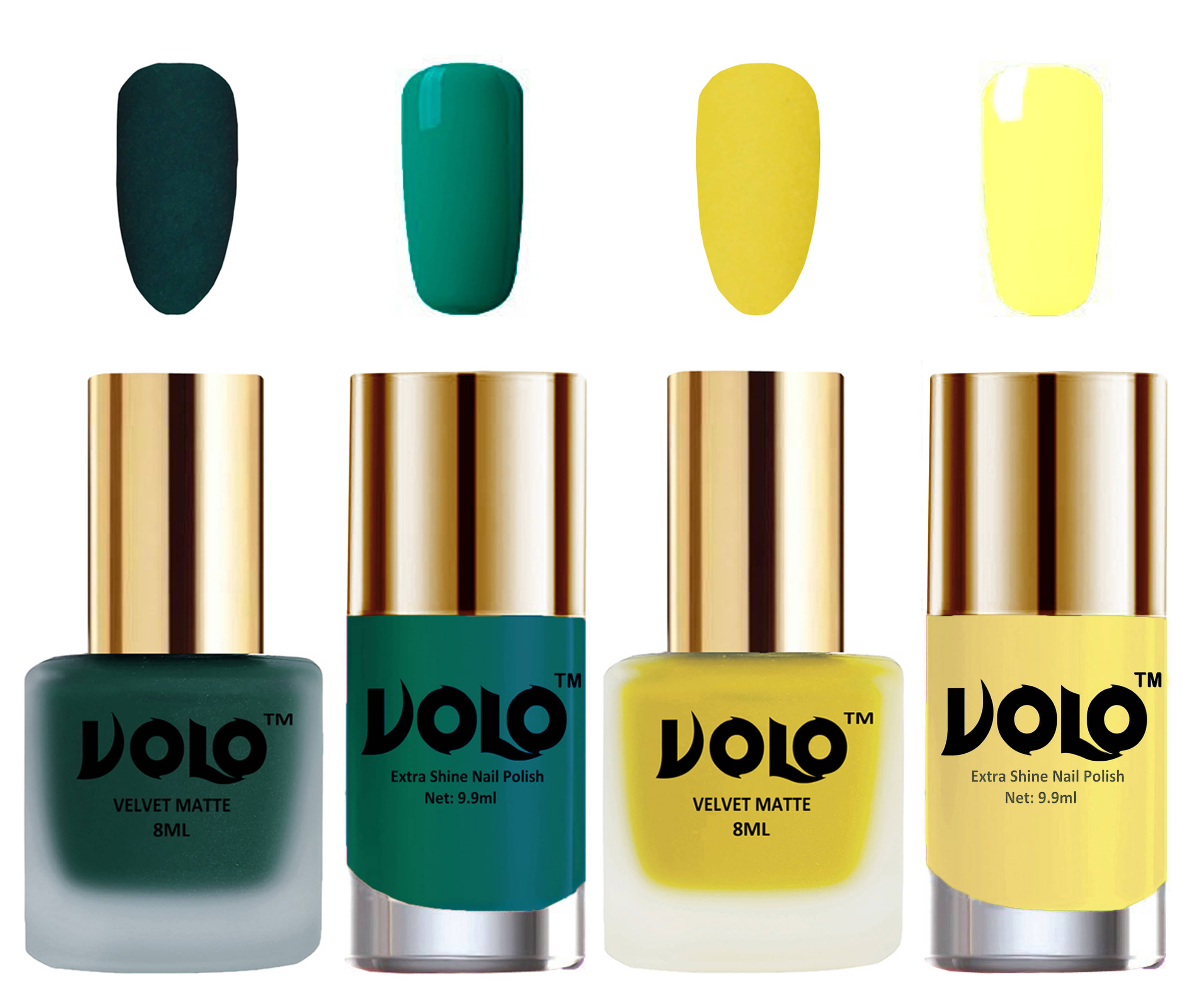 VOLO Extra Shine AND Dull Velvet Matte Nail Polish Green,Yellow,Green, Yellow Glossy Pack of 4 36 mL VOLO Extra Shine AND Dull Velvet Matte Nail Polish Green,Yellow,Green, Yellow Glossy Pack of 4 36 mL