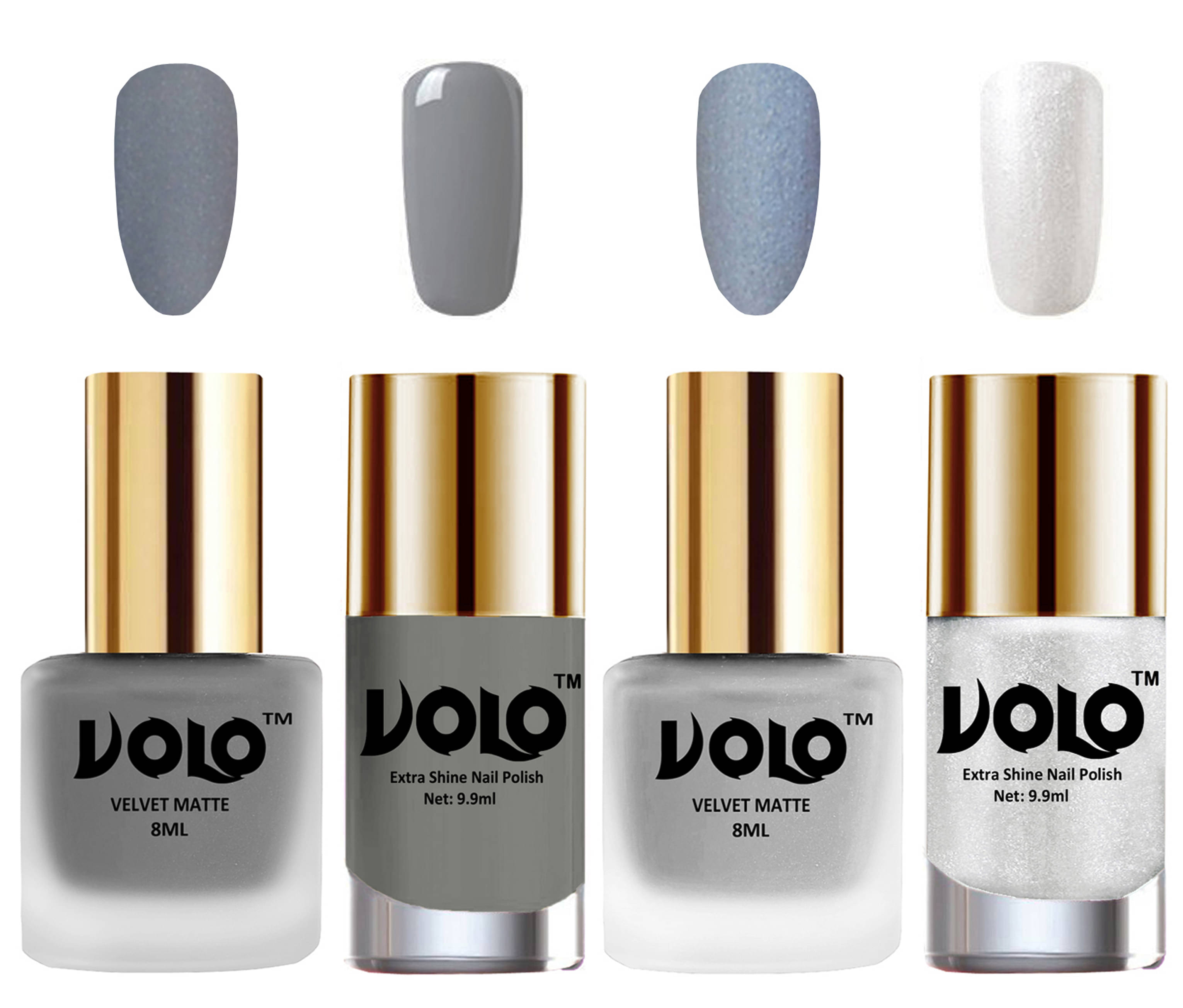 VOLO Extra Shine AND Dull Velvet Matte Nail Polish Grey,Silver,Grey, Silver Matte Pack of 4 36 mL VOLO Extra Shine AND Dull Velvet Matte Nail Polish Grey,Silver,Grey, Silver Matte Pack of 4 36 mL