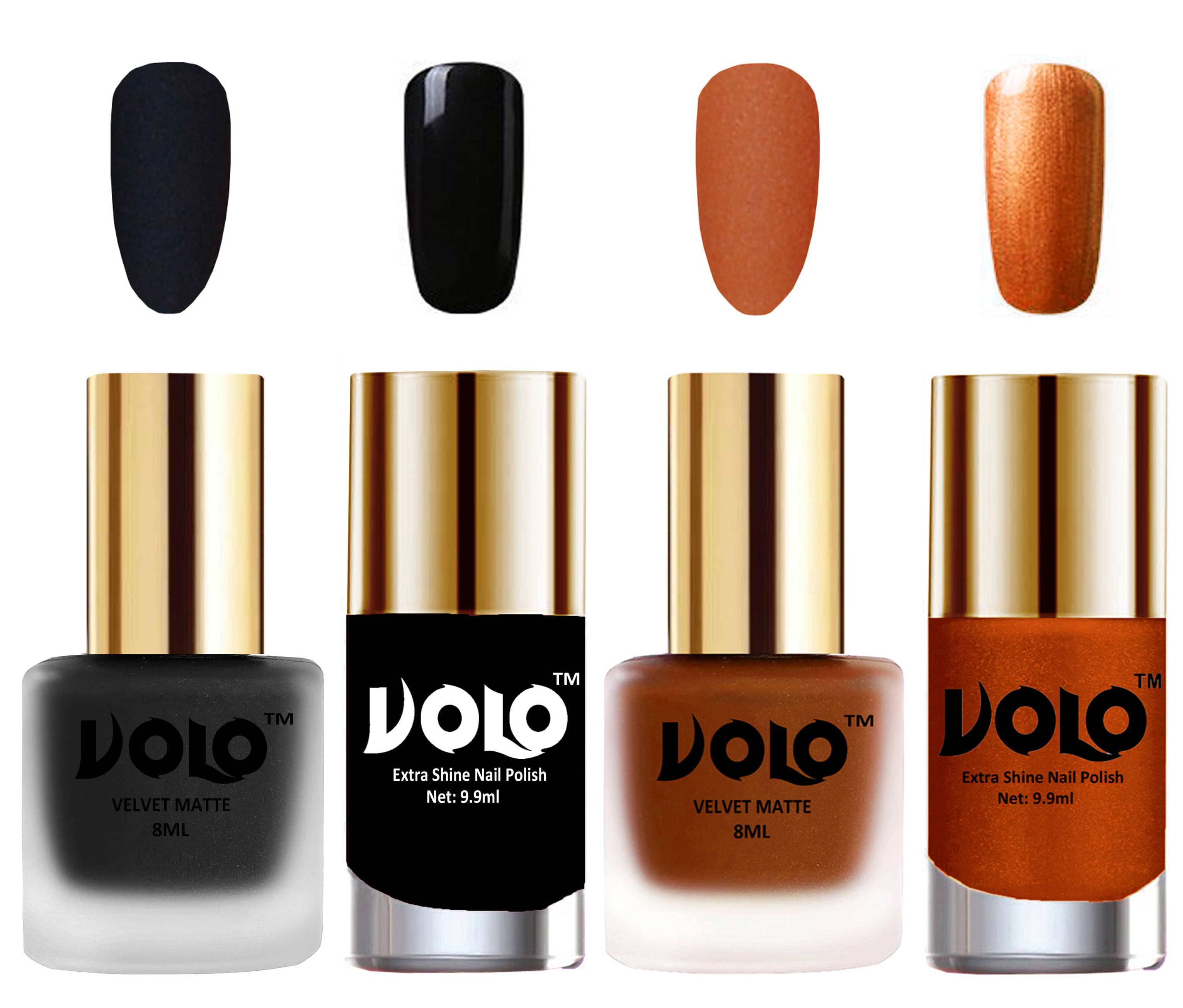 VOLO Extra Shine AND Dull Velvet Matte Nail Polish Black,Coral,Black, Gold Glossy Pack of 4 36 mL VOLO Extra Shine AND Dull Velvet Matte Nail Polish Black,Coral,Black, Gold Glossy Pack of 4 36 mL