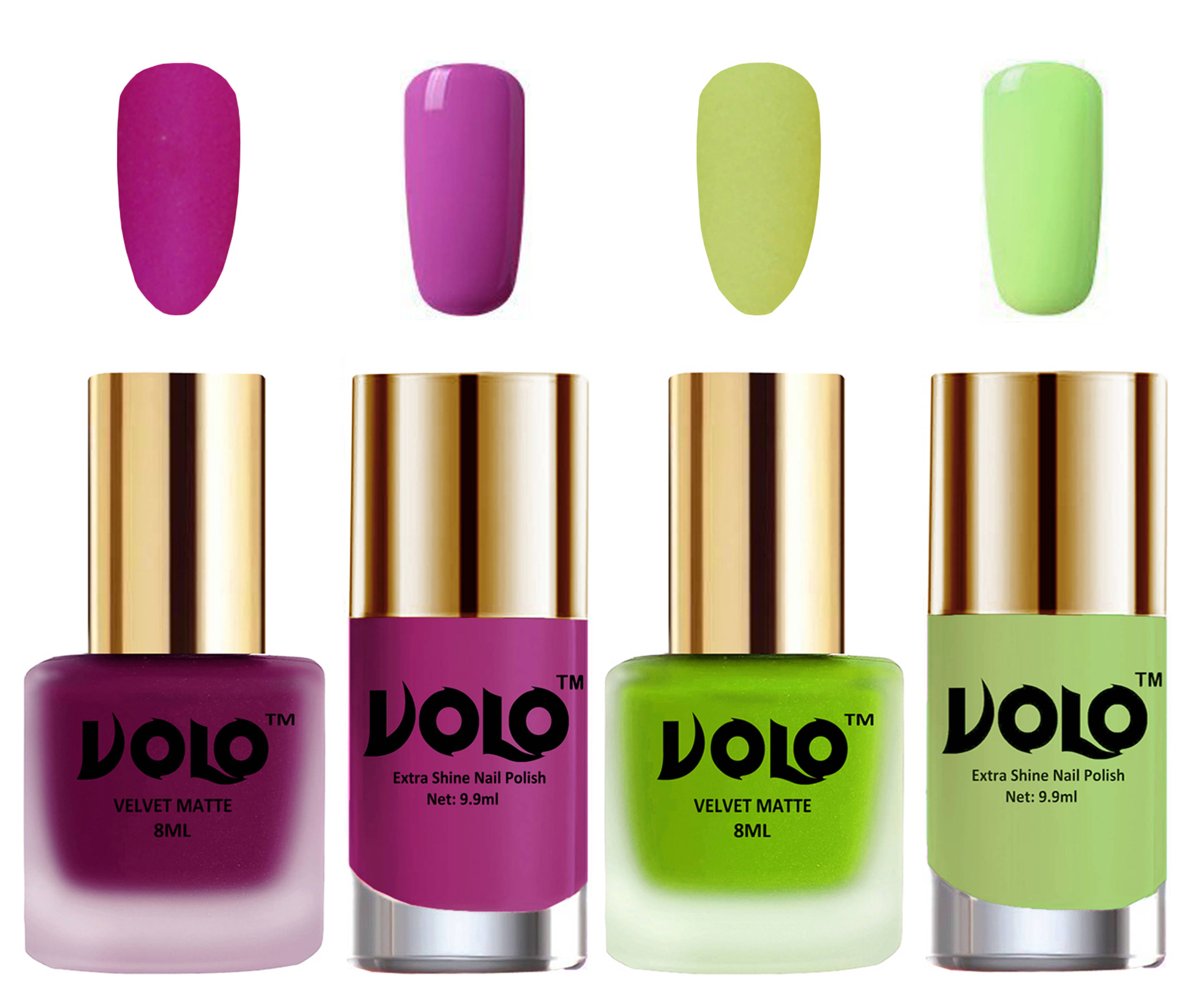     			VOLO Extra Shine AND Dull Velvet Matte Nail Polish Magenta,Green,Pink, Green Matte Pack of 4 36 mL