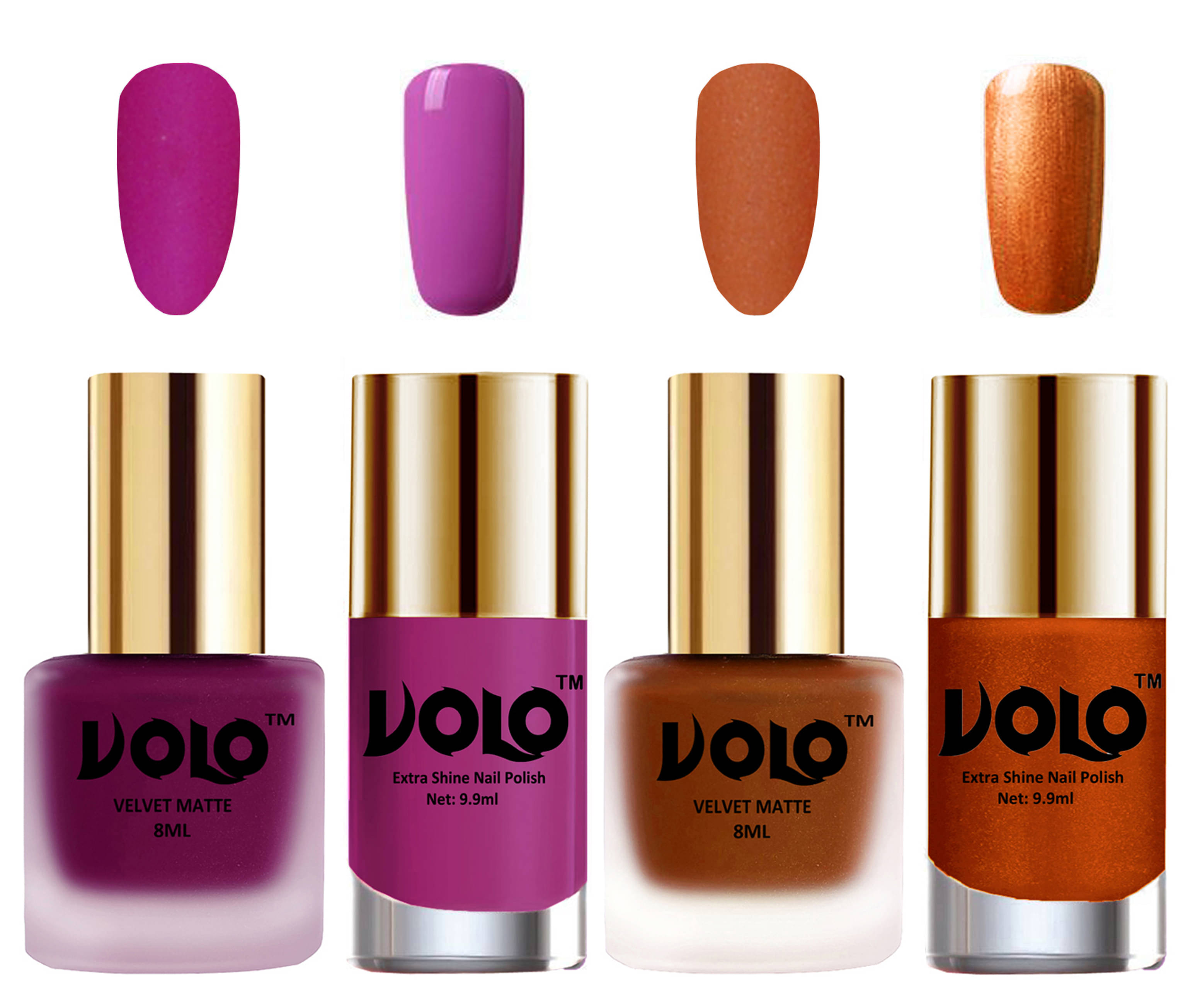 VOLO Extra Shine AND Dull Velvet Matte Nail Polish Magenta,Coral,Pink, Gold Matte Pack of 4 36 mL VOLO Extra Shine AND Dull Velvet Matte Nail Polish Magenta,Coral,Pink, Gold Matte Pack of 4 36 mL