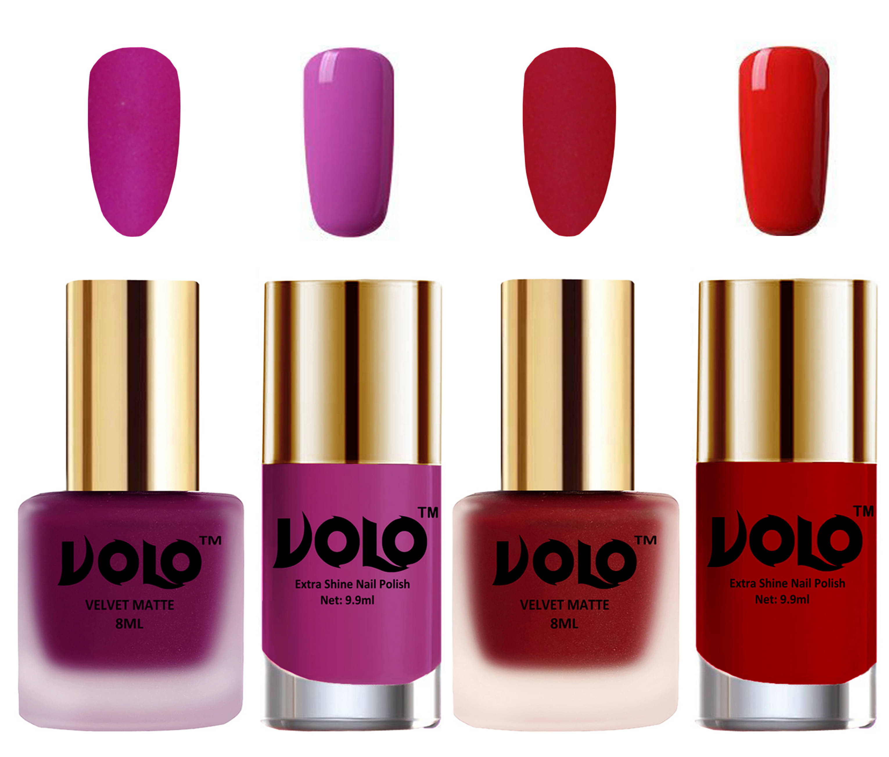     			VOLO Extra Shine AND Dull Velvet Matte Nail Polish Magenta,Red,Pink, Orange Glossy Pack of 4 36 mL