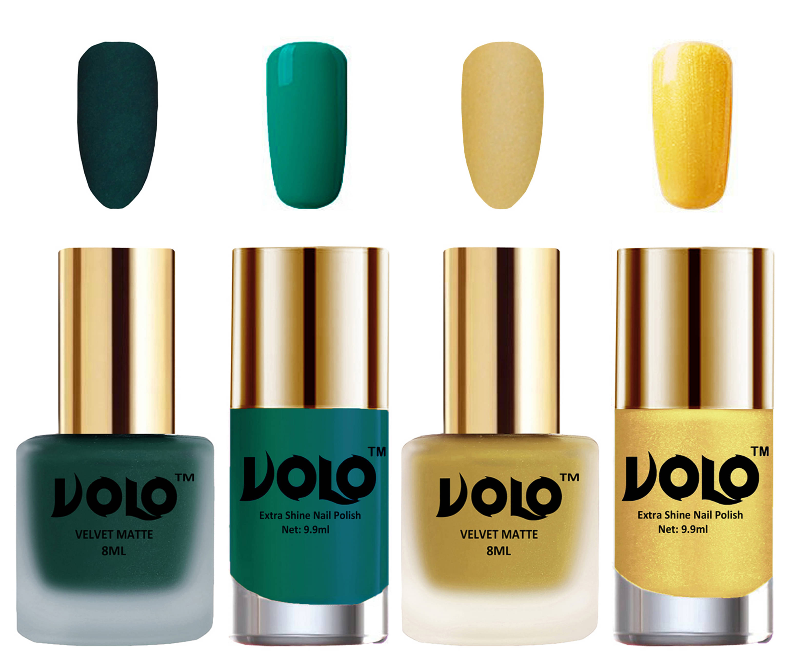 VOLO Extra Shine AND Dull Velvet Matte Nail Polish Green,Gold,Green, Gold Matte Pack of 4 36 mL VOLO Extra Shine AND Dull Velvet Matte Nail Polish Green,Gold,Green, Gold Matte Pack of 4 36 mL