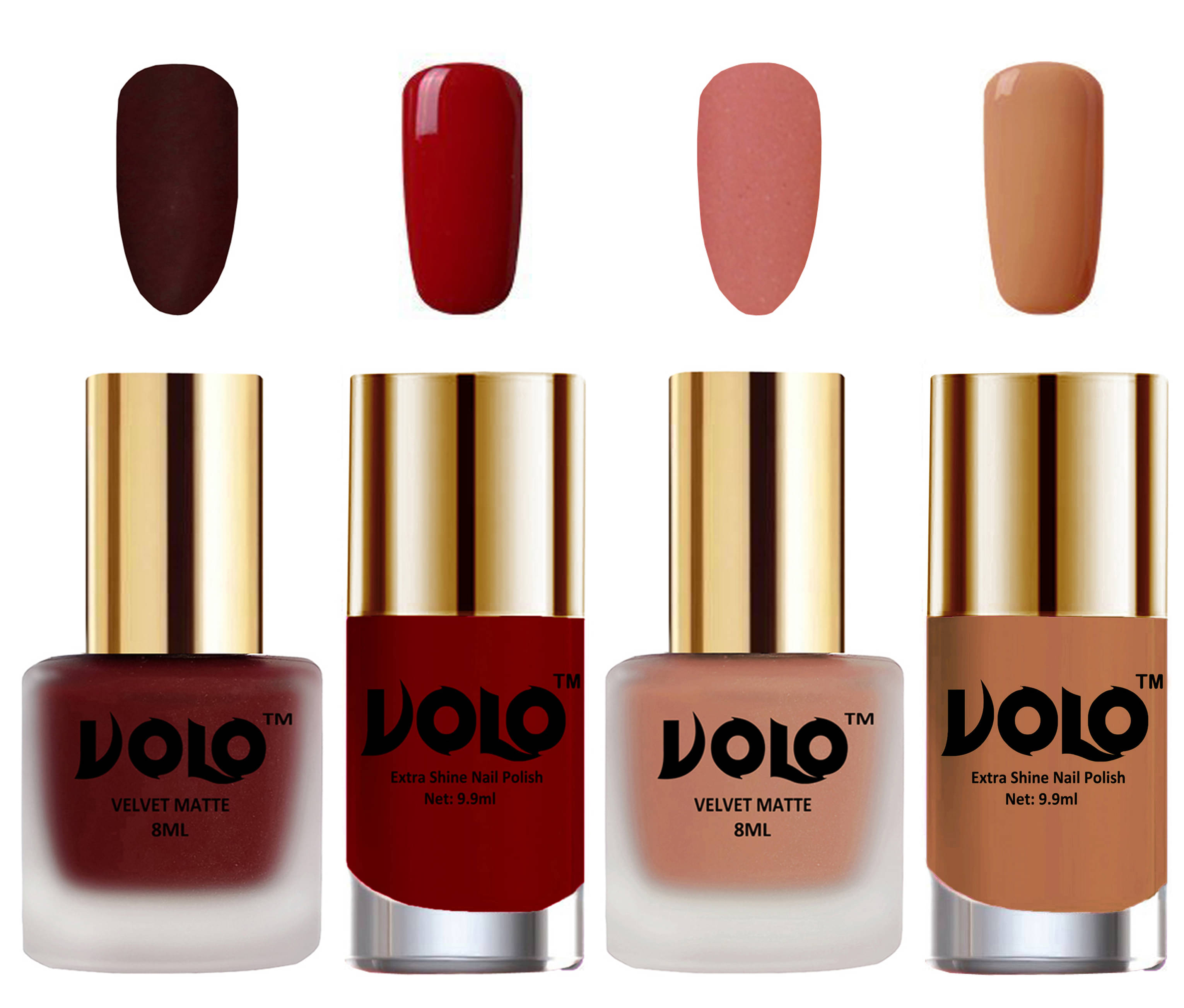 VOLO Extra Shine AND Dull Velvet Matte Nail Polish Maroon,Peach,Red, Nude Glossy Pack of 4 36 mL     			VOLO Extra Shine AND Dull Velvet Matte Nail Polish Maroon,Peach,Red, Nude Glossy Pack of 4 36 mL