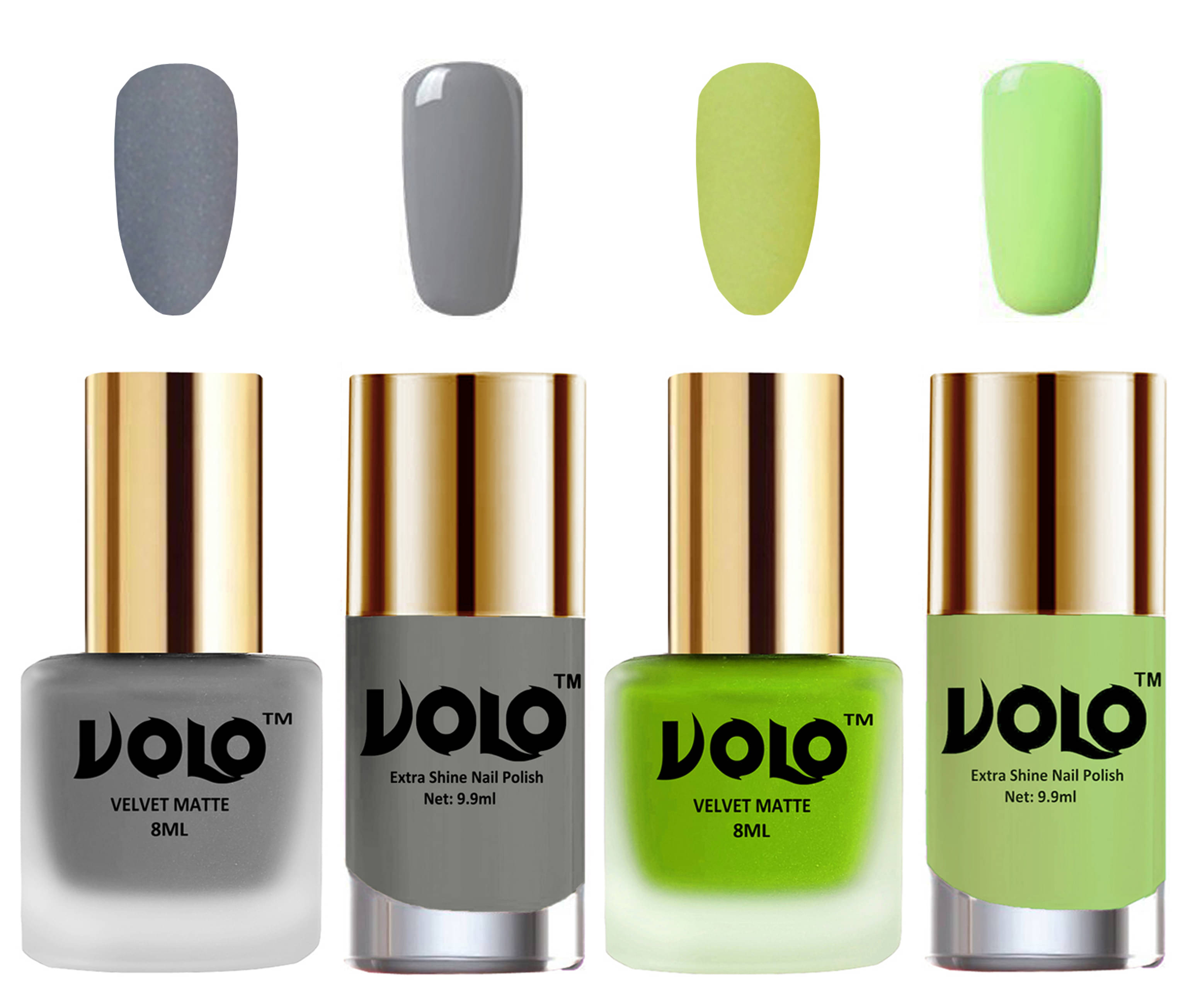    			VOLO Extra Shine AND Dull Velvet Matte Nail Polish Grey,Green,Grey, Green Glossy Pack of 4 36 mL