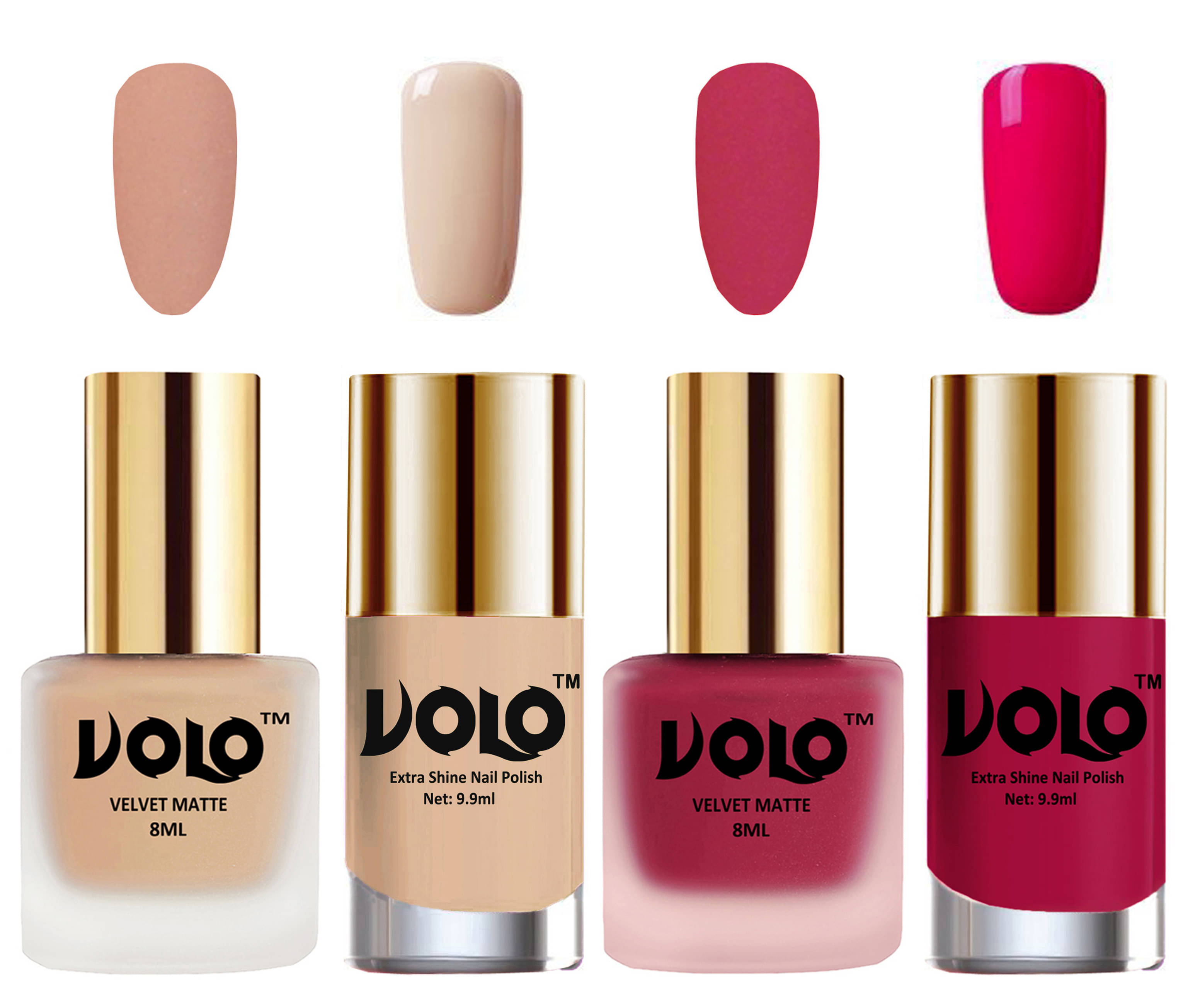 VOLO Extra Shine AND Dull Velvet Matte Nail Polish Nude,Pink,Nude, Magenta Glossy Pack of 4 36 mL VOLO Extra Shine AND Dull Velvet Matte Nail Polish Nude,Pink,Nude, Magenta Glossy Pack of 4 36 mL