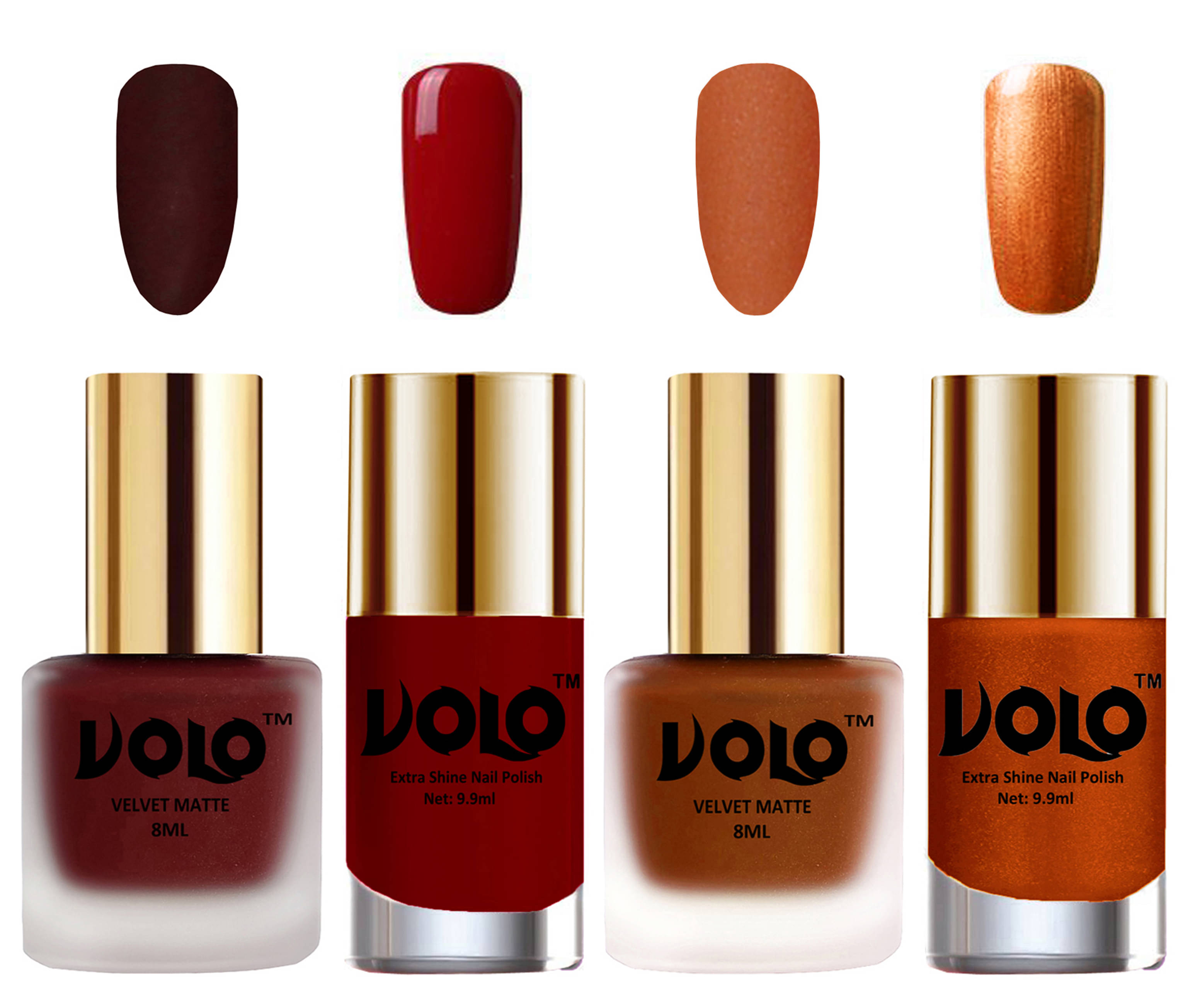 VOLO Extra Shine AND Dull Velvet Matte Nail Polish Maroon,Coral,Red, Gold Matte Pack of 4 36 mL VOLO Extra Shine AND Dull Velvet Matte Nail Polish Maroon,Coral,Red, Gold Matte Pack of 4 36 mL