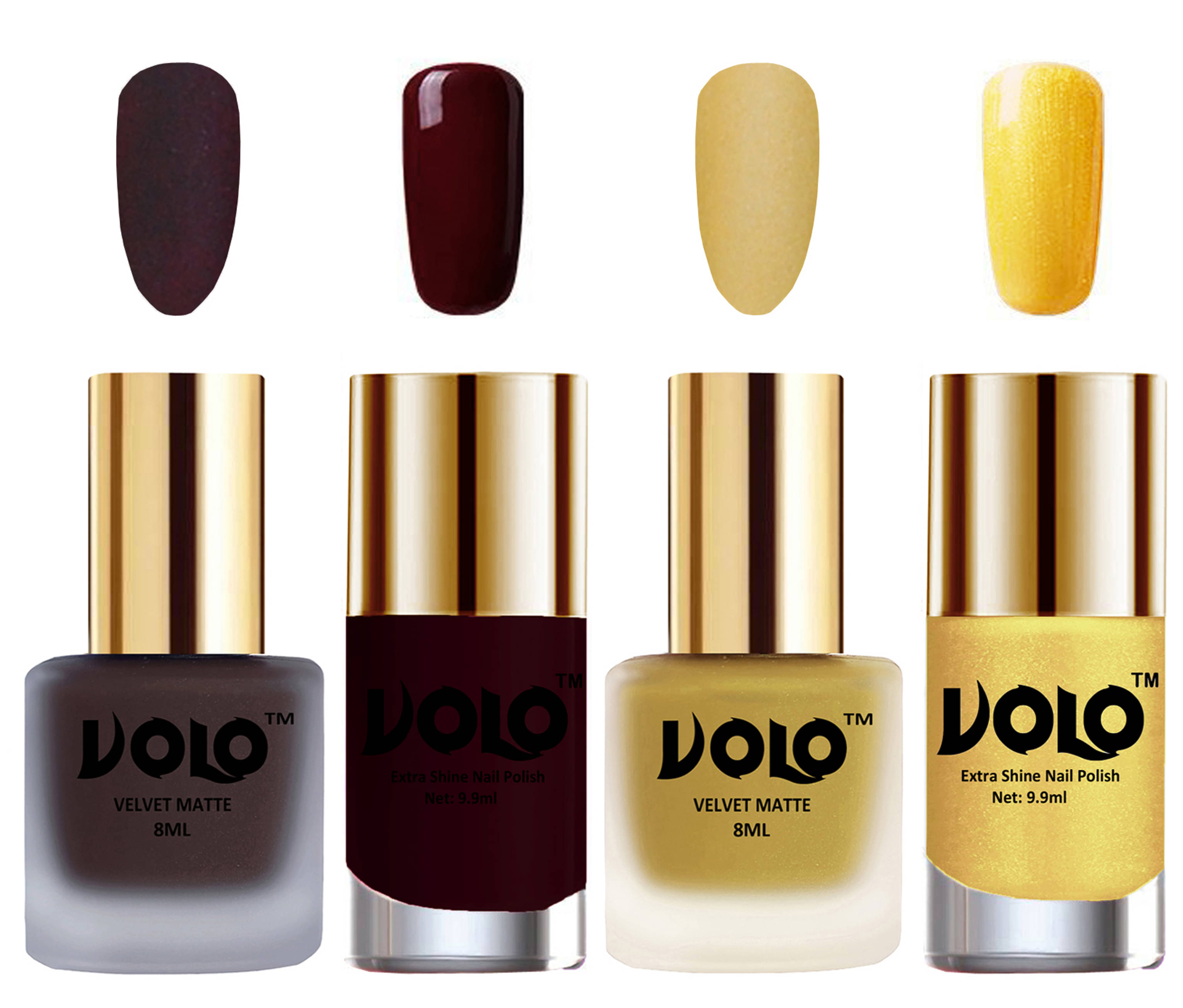 VOLO Extra Shine AND Dull Velvet Matte Nail Polish Coffee,Gold,Maroon, Gold Glossy Pack of 4 36 mL VOLO Extra Shine AND Dull Velvet Matte Nail Polish Coffee,Gold,Maroon, Gold Glossy Pack of 4 36 mL