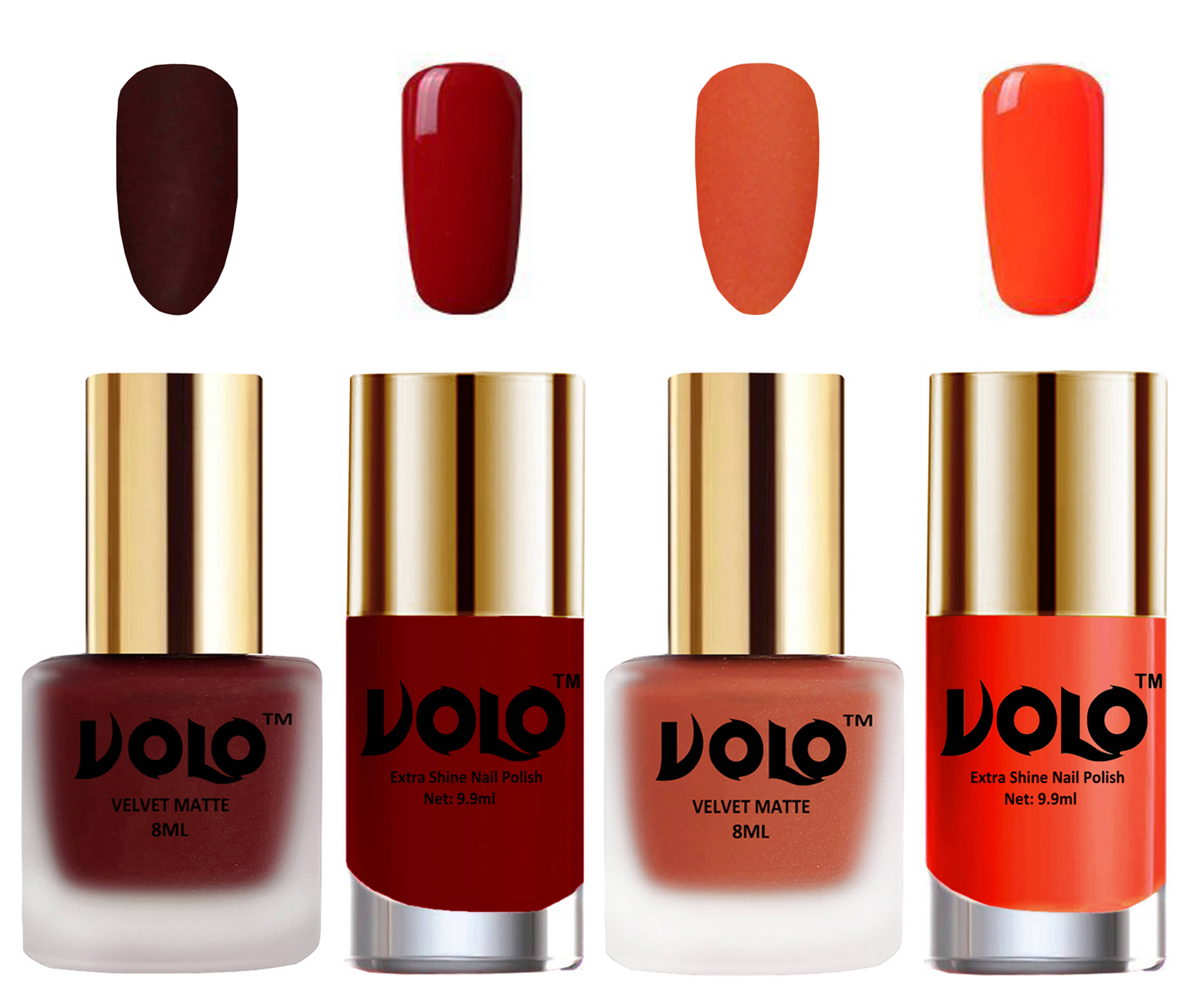     			VOLO Extra Shine AND Dull Velvet Matte Nail Polish Maroon,Orange,Red, Coral Glossy Pack of 4 36 mL