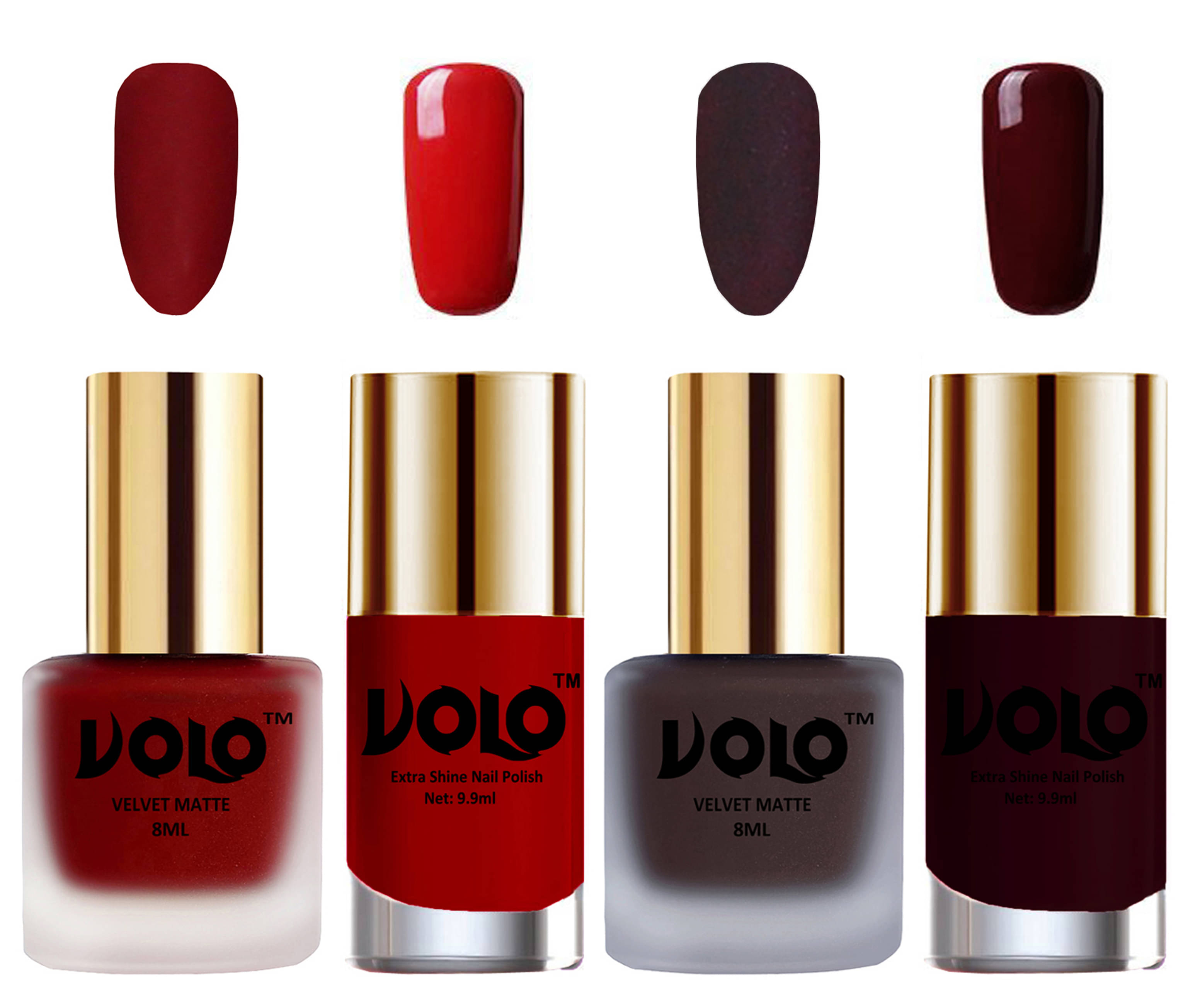 VOLO Extra Shine AND Dull Velvet Matte Nail Polish Red,Coffee,Red, Maroon Matte Pack of 4 36 mL VOLO Extra Shine AND Dull Velvet Matte Nail Polish Red,Coffee,Red, Maroon Matte Pack of 4 36 mL