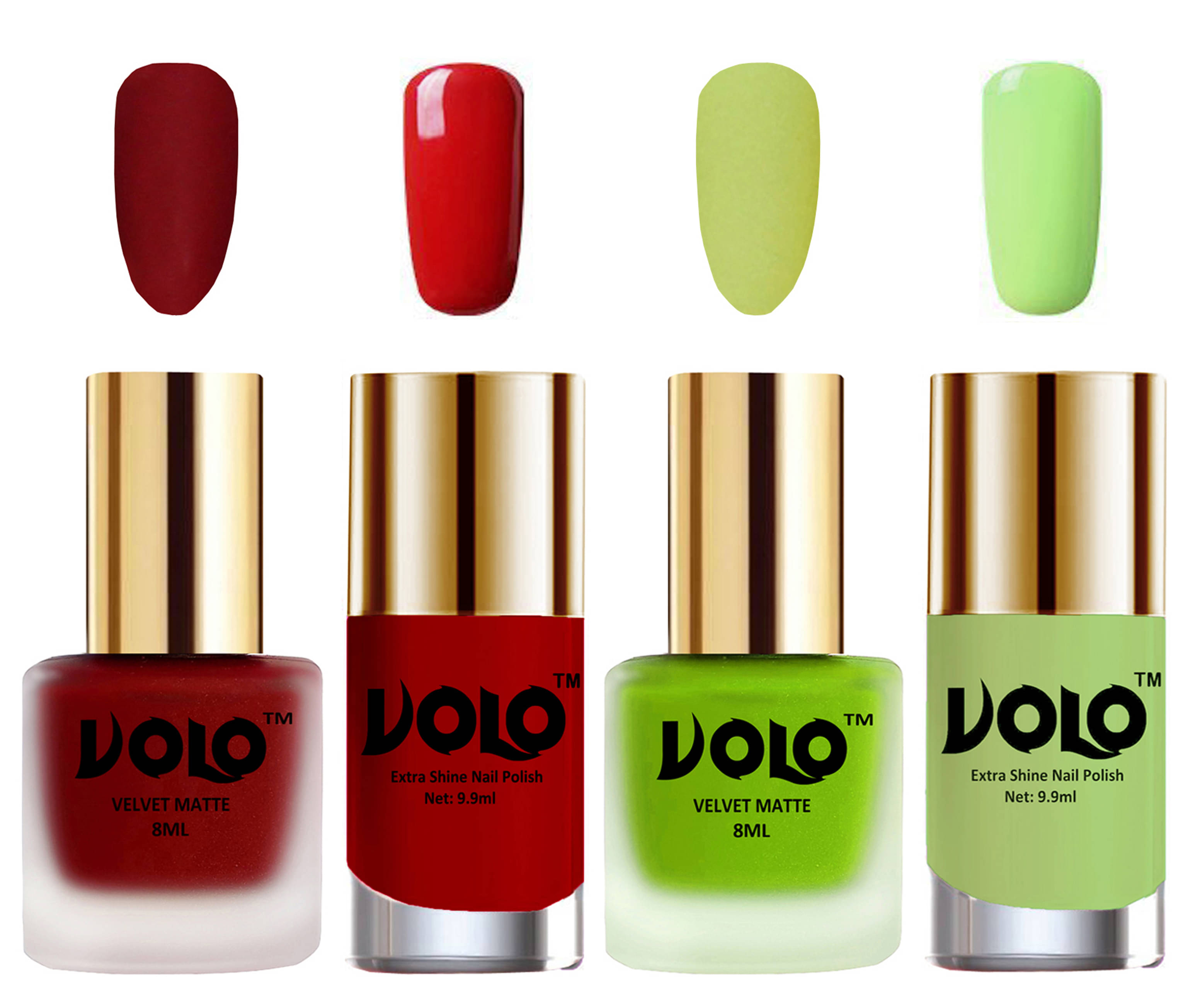     			VOLO Extra Shine AND Dull Velvet Matte Nail Polish Red,Green,Red, Green Matte Pack of 4 36 mL