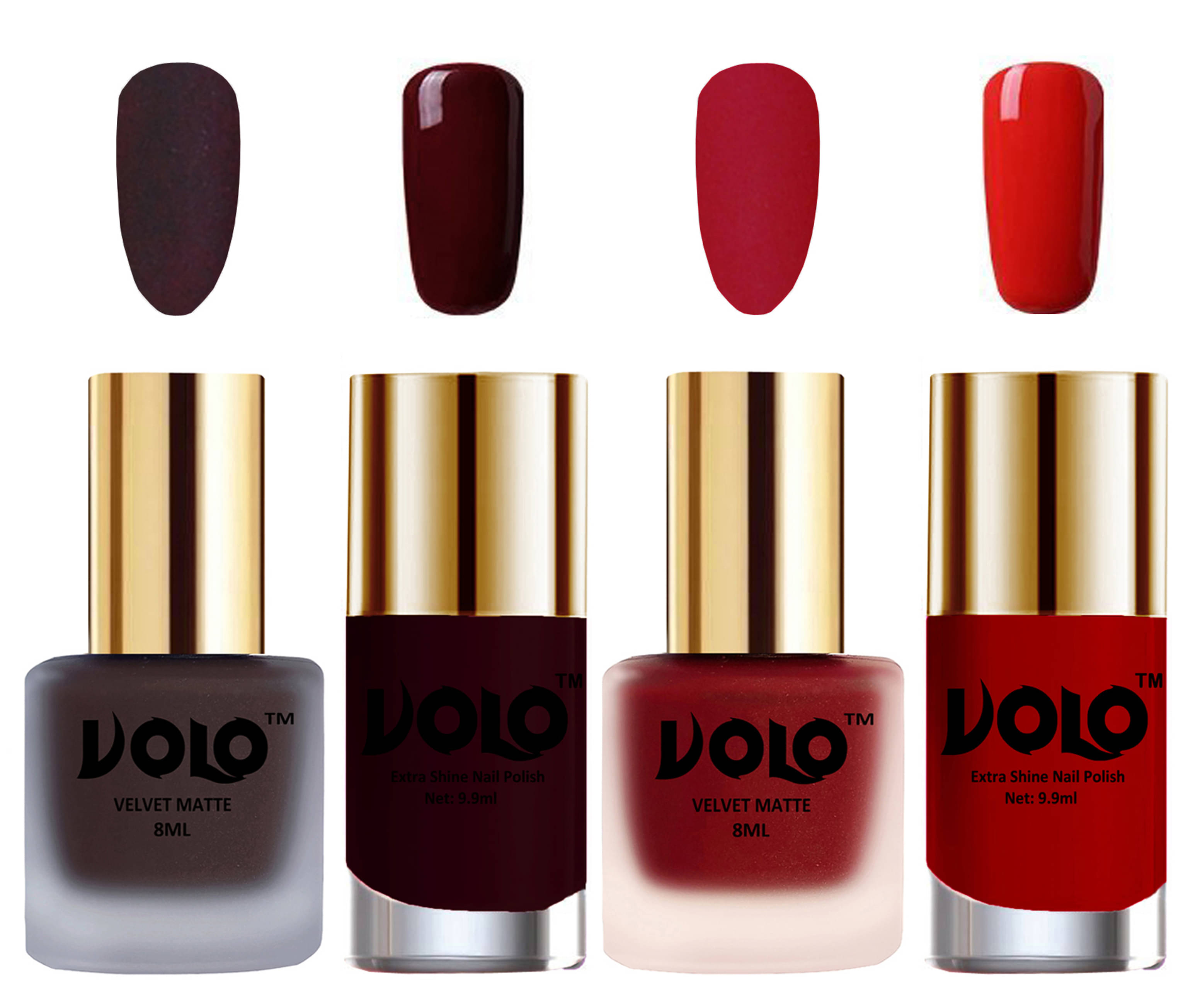 VOLO Extra Shine AND Dull Velvet Matte Nail Polish Coffee,Red,Maroon, Orange Matte Pack of 4 36 mL VOLO Extra Shine AND Dull Velvet Matte Nail Polish Coffee,Red,Maroon, Orange Matte Pack of 4 36 mL