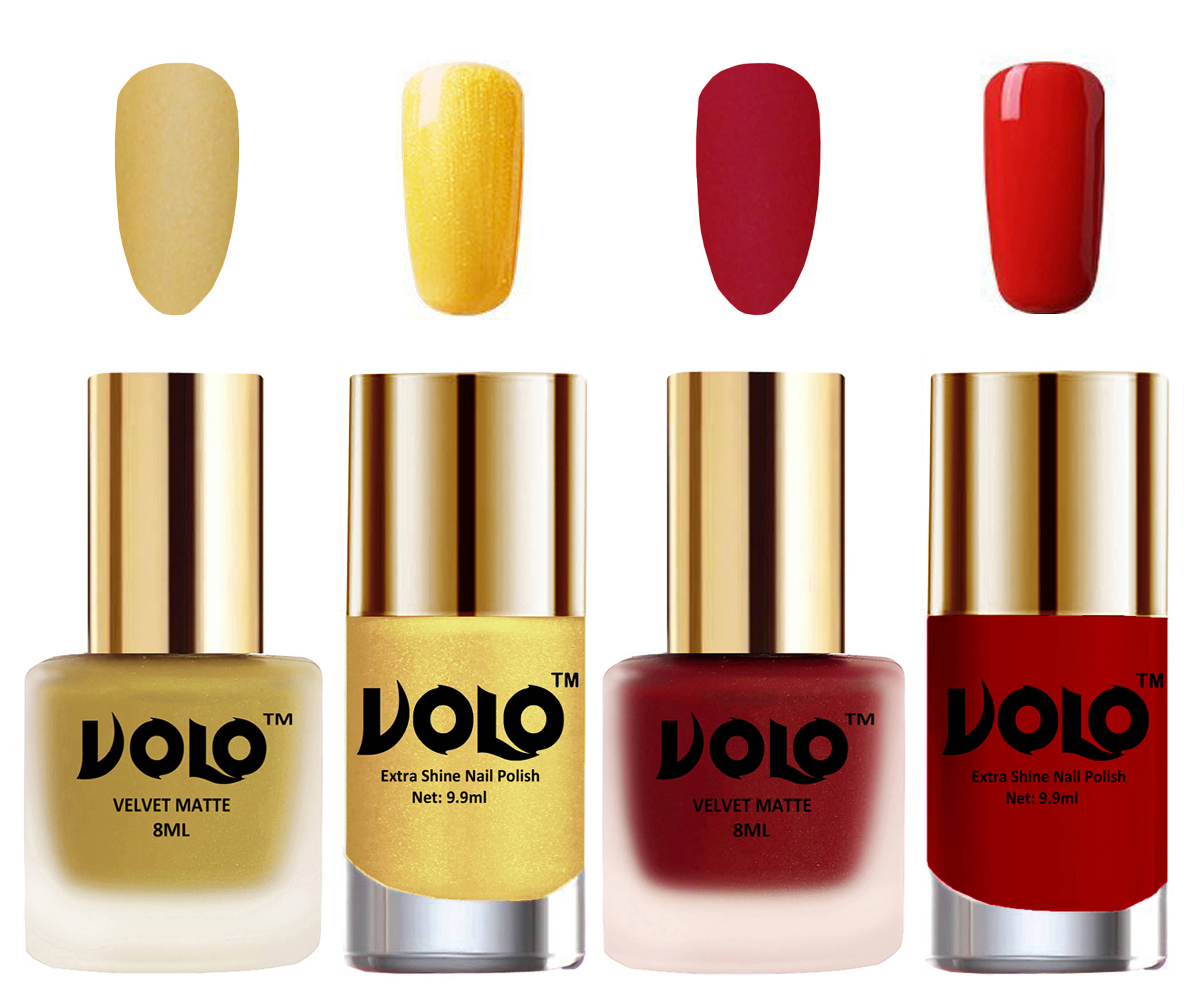 VOLO Extra Shine AND Dull Velvet Matte Nail Polish Gold,Red,Gold, Orange Glossy Pack of 4 36 mL VOLO Extra Shine AND Dull Velvet Matte Nail Polish Gold,Red,Gold, Orange Glossy Pack of 4 36 mL