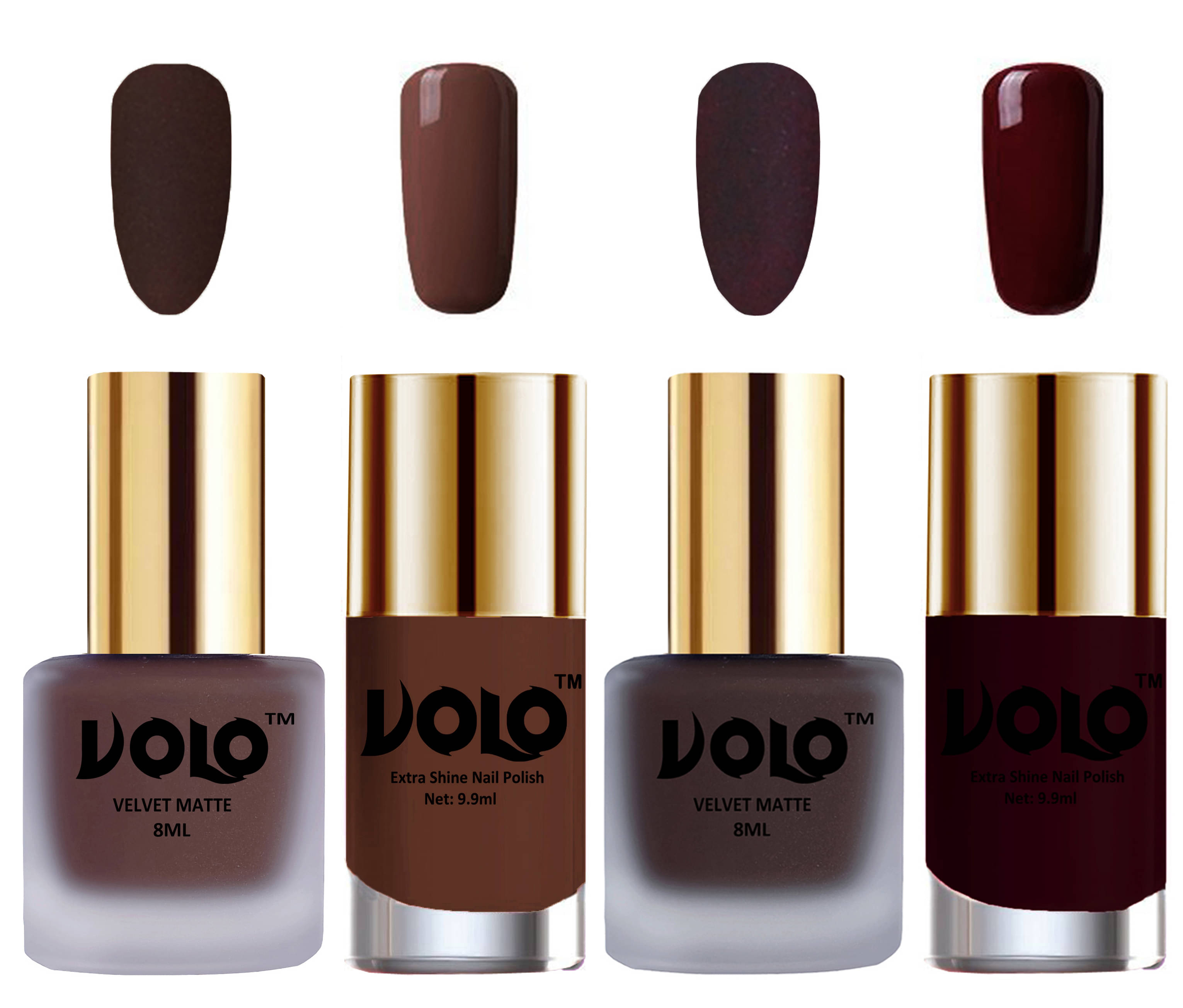 VOLO Extra Shine AND Dull Velvet Matte Nail Polish Brown,Coffee,Brown, Maroon Glossy Pack of 4 36 mL VOLO Extra Shine AND Dull Velvet Matte Nail Polish Brown,Coffee,Brown, Maroon Glossy Pack of 4 36 mL