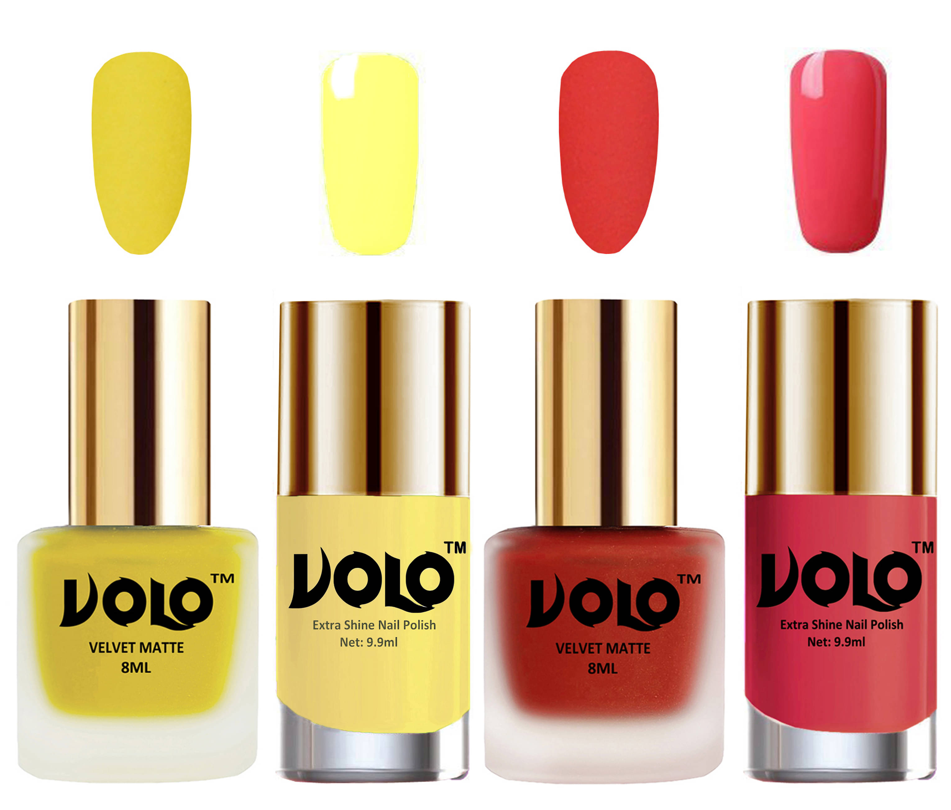 VOLO Extra Shine AND Dull Velvet Matte Nail Polish Yellow,Coral,Yellow, Pink Glossy Pack of 4 36 mL VOLO Extra Shine AND Dull Velvet Matte Nail Polish Yellow,Coral,Yellow, Pink Glossy Pack of 4 36 mL