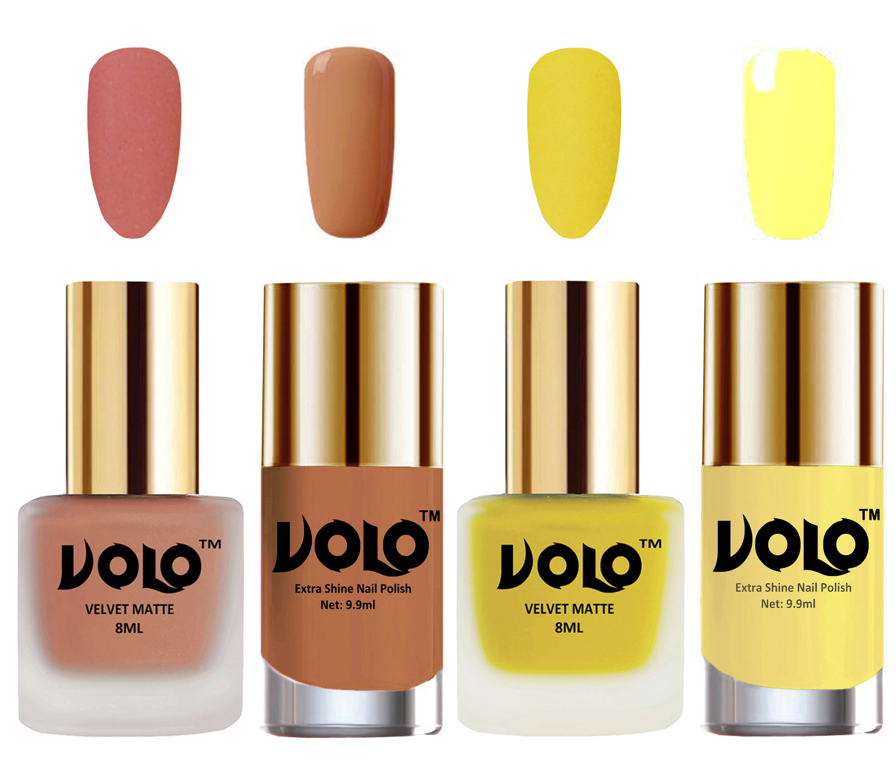 VOLO Extra Shine AND Dull Velvet Matte Nail Polish Peach,Yellow,Nude, Yellow Matte Pack of 4 36 mL VOLO Extra Shine AND Dull Velvet Matte Nail Polish Peach,Yellow,Nude, Yellow Matte Pack of 4 36 mL