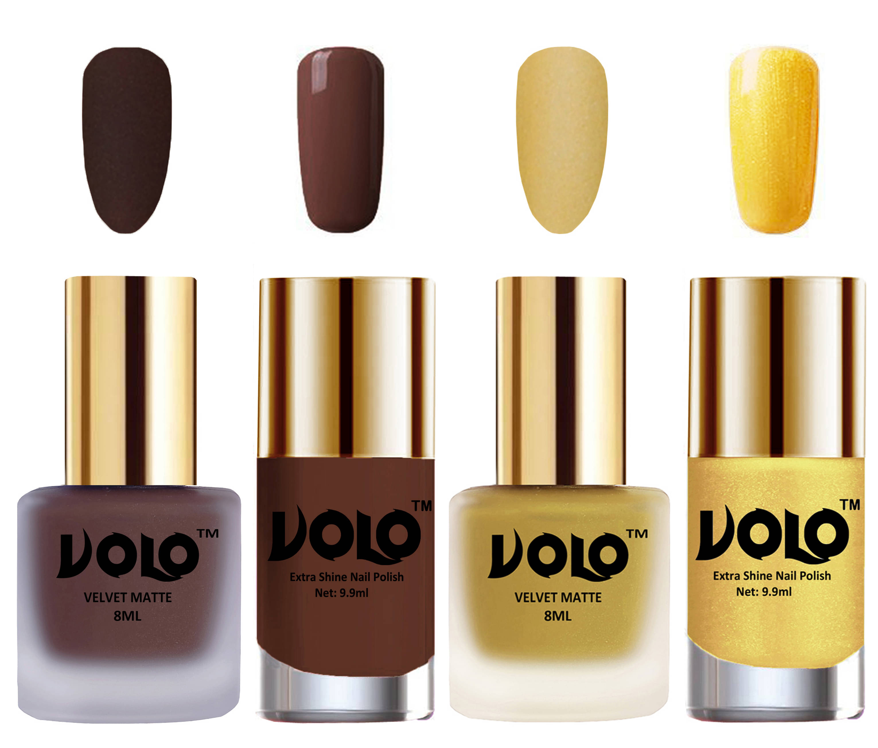 VOLO Extra Shine AND Dull Velvet Matte Nail Polish Brown,Gold,Brown, Gold Glossy Pack of 4 36 mL VOLO Extra Shine AND Dull Velvet Matte Nail Polish Brown,Gold,Brown, Gold Glossy Pack of 4 36 mL