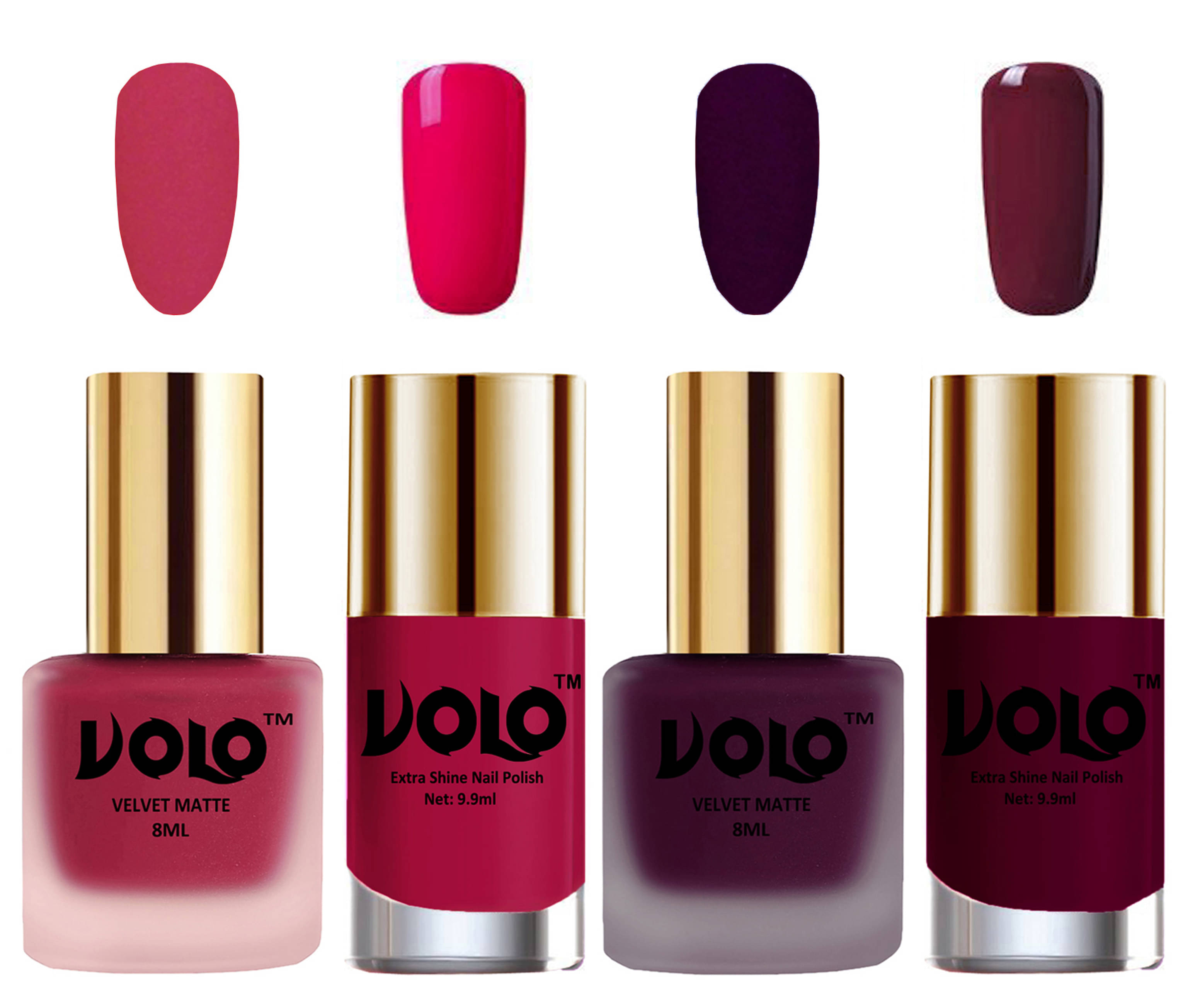     			VOLO Extra Shine AND Dull Velvet Matte Nail Polish Pink,Wine,Magenta, Wine Glossy Pack of 4 36 mL