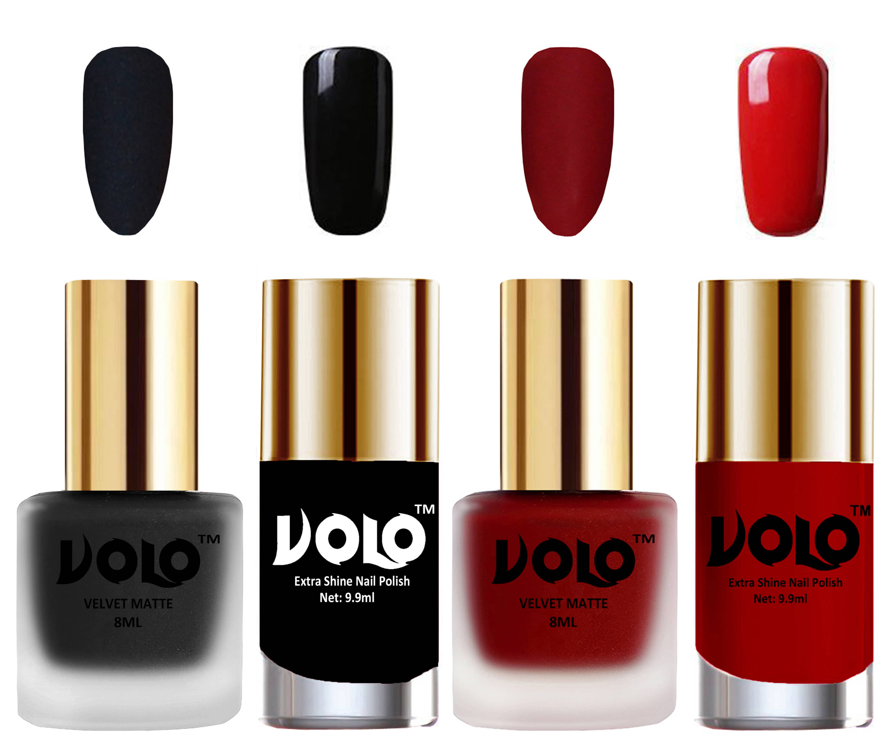 VOLO Extra Shine AND Dull Velvet Matte Nail Polish Black,Red,Black, Red Matte Pack of 4 36 mL VOLO Extra Shine AND Dull Velvet Matte Nail Polish Black,Red,Black, Red Matte Pack of 4 36 mL