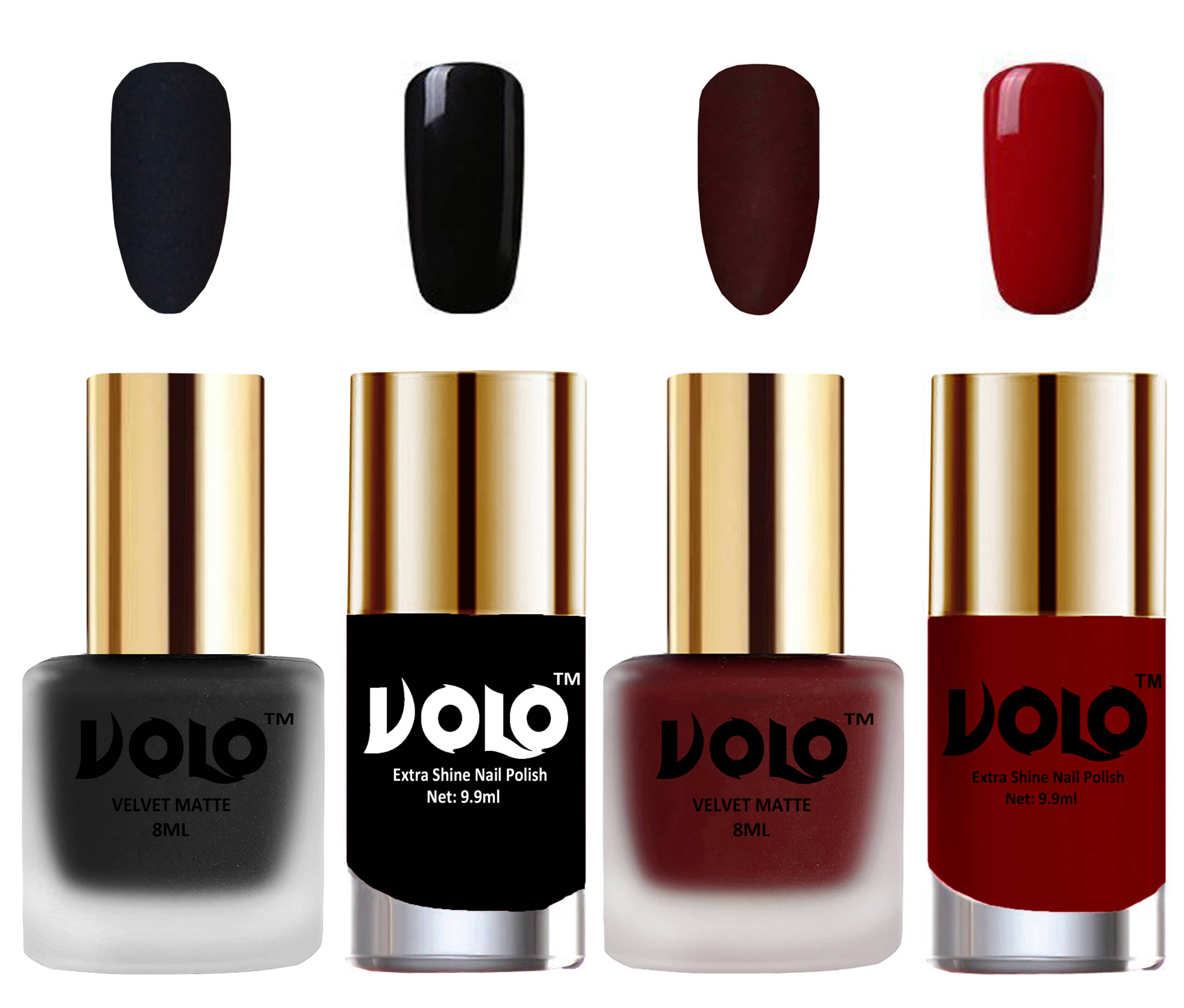 VOLO Extra Shine AND Dull Velvet Matte Nail Polish Black,Maroon,Black, Red Glossy Pack of 4 36 mL VOLO Extra Shine AND Dull Velvet Matte Nail Polish Black,Maroon,Black, Red Glossy Pack of 4 36 mL