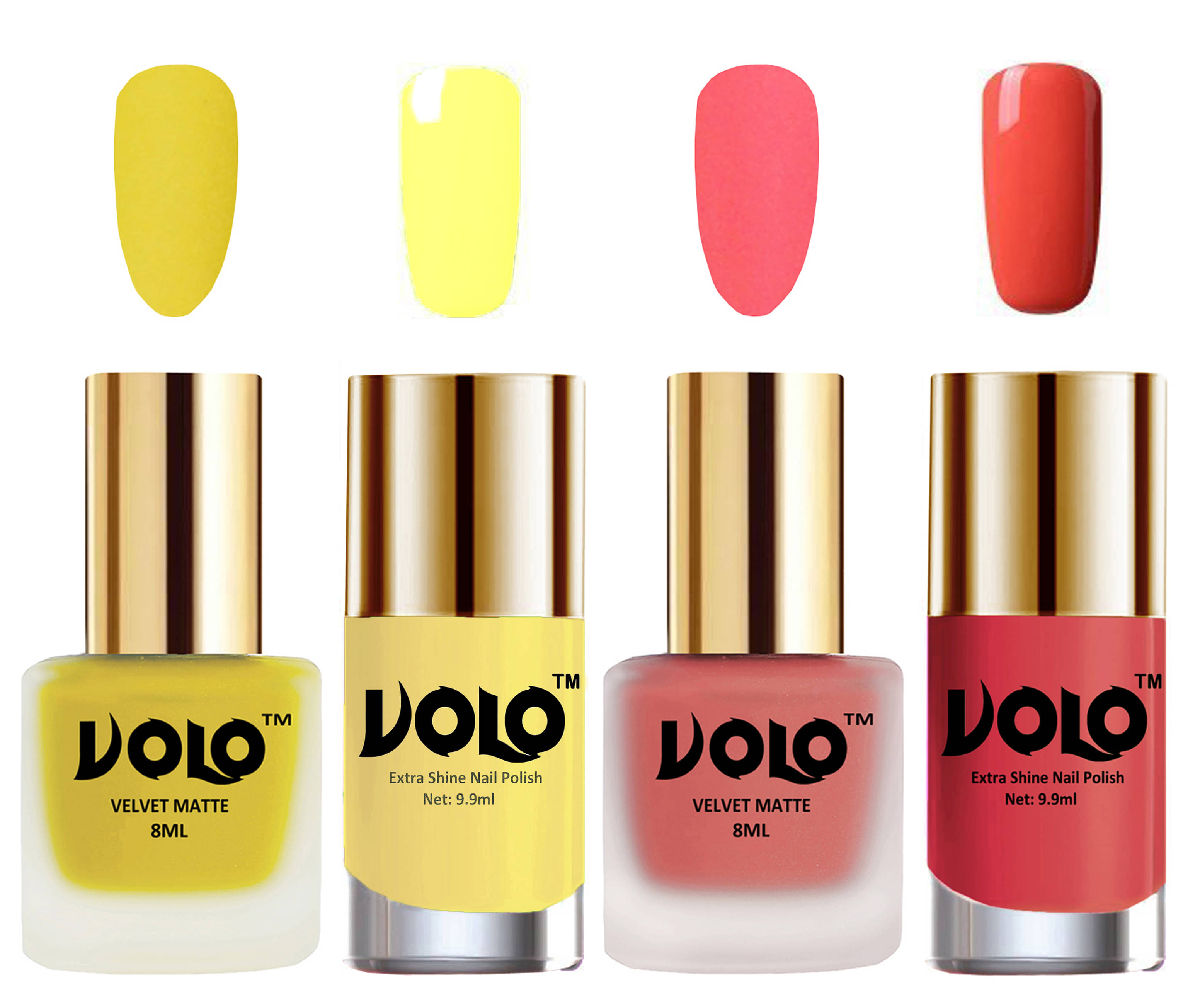     			VOLO Extra Shine AND Dull Velvet Matte Nail Polish Yellow,Nude,Yellow, Nude Glossy Pack of 4 36 mL