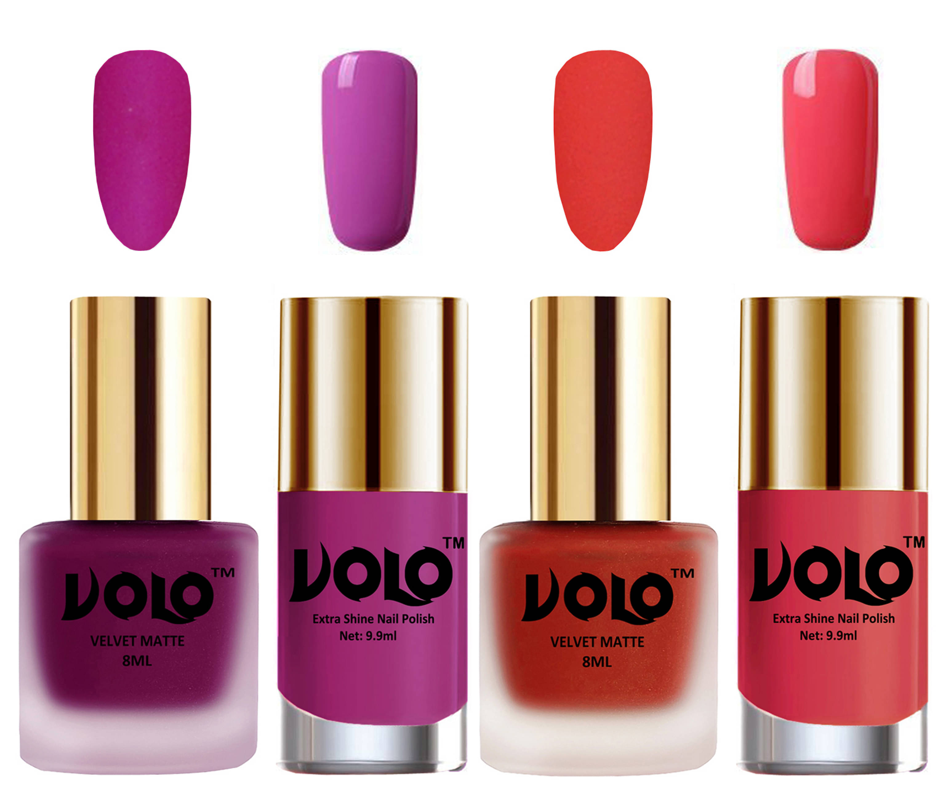 VOLO Extra Shine AND Dull Velvet Matte Nail Polish Magenta,Coral,Pink, Pink Glossy Pack of 4 36 mL VOLO Extra Shine AND Dull Velvet Matte Nail Polish Magenta,Coral,Pink, Pink Glossy Pack of 4 36 mL