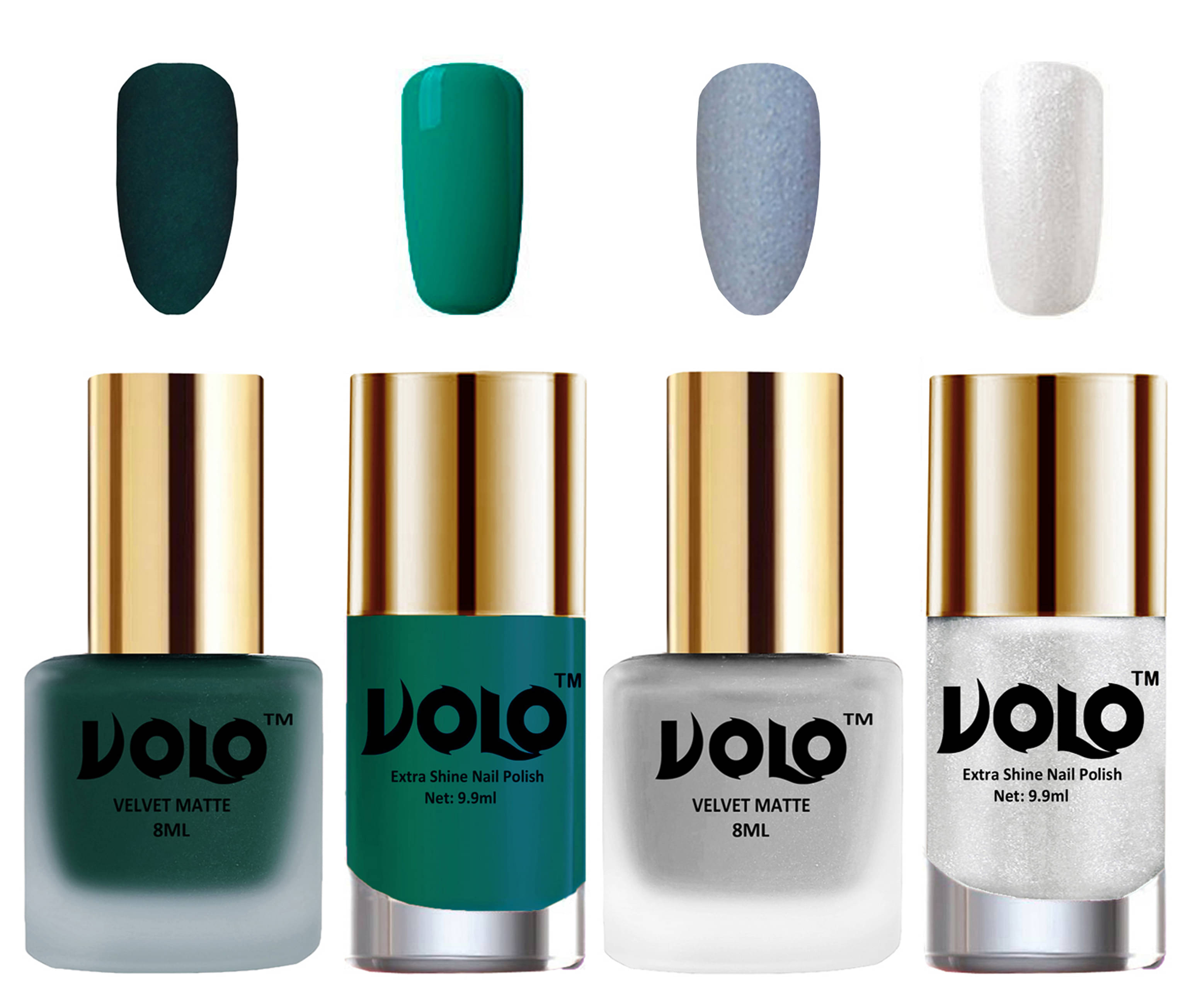 VOLO Extra Shine AND Dull Velvet Matte Nail Polish Green,Silver,Green, Silver Glossy Pack of 4 36 mL VOLO Extra Shine AND Dull Velvet Matte Nail Polish Green,Silver,Green, Silver Glossy Pack of 4 36 mL