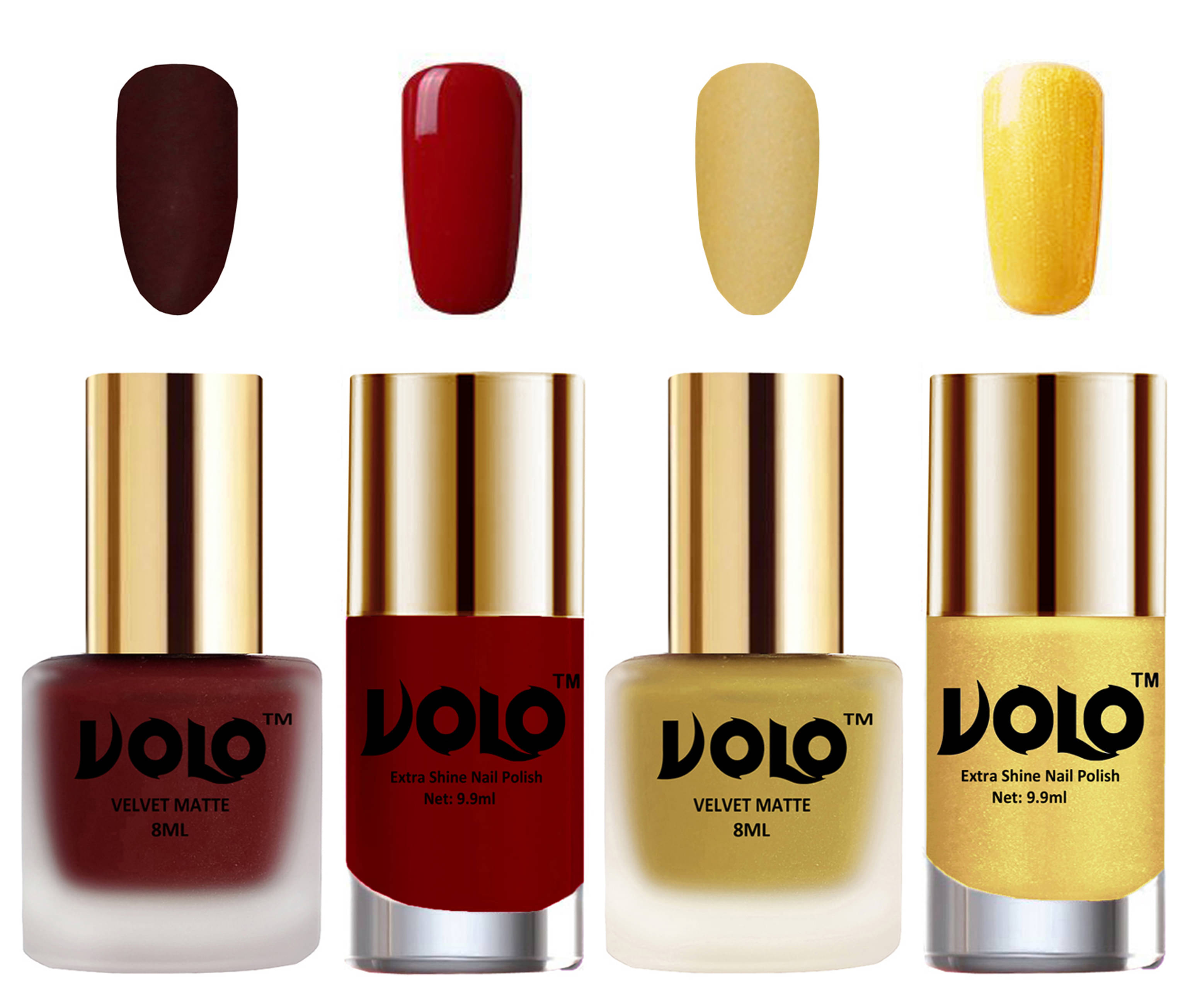 VOLO Extra Shine AND Dull Velvet Matte Nail Polish Maroon,Gold,Red, Gold Matte Pack of 4 36 mL VOLO Extra Shine AND Dull Velvet Matte Nail Polish Maroon,Gold,Red, Gold Matte Pack of 4 36 mL