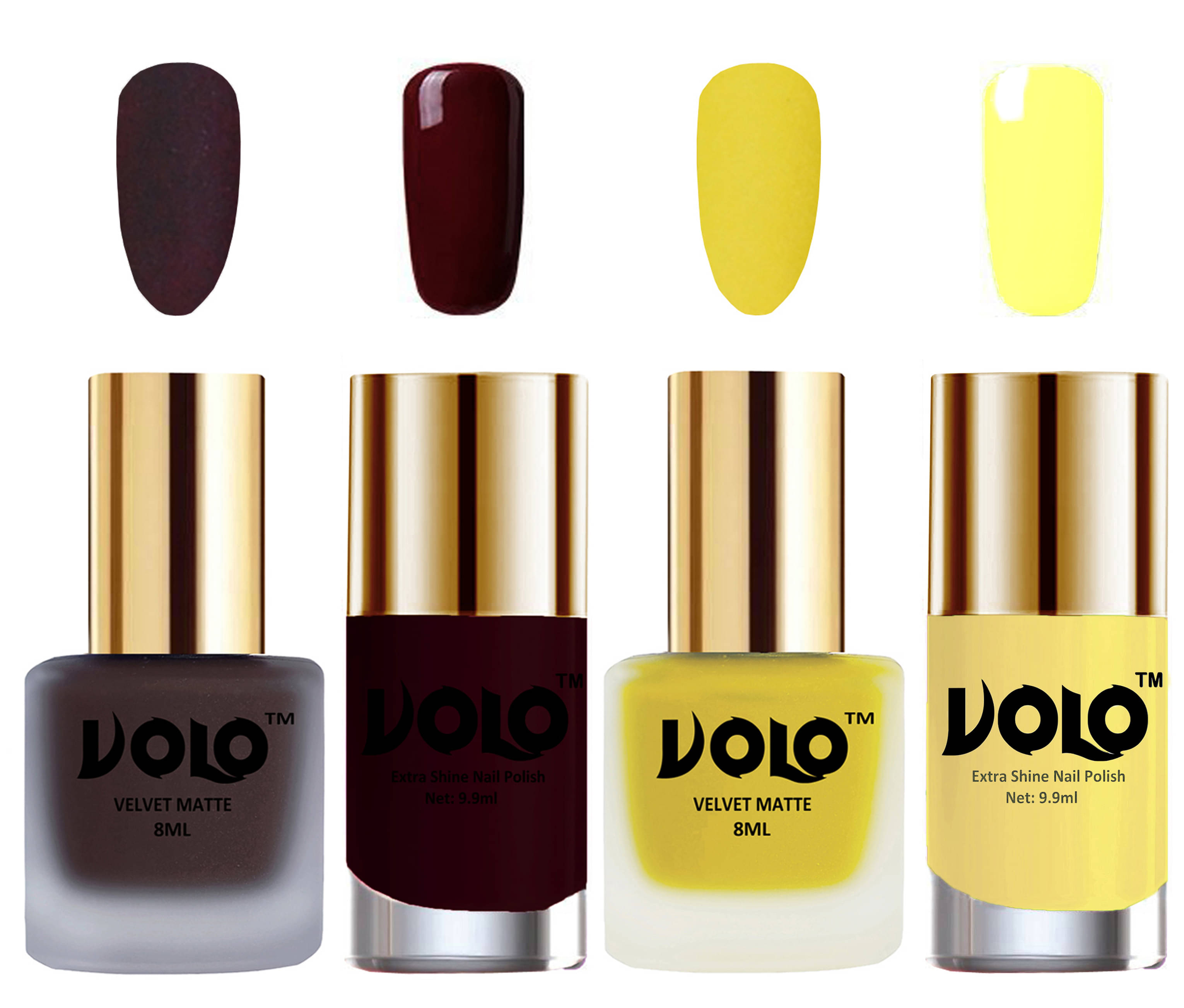     			VOLO Extra Shine AND Dull Velvet Matte Nail Polish Coffee,Yellow,Maroon Yellow Matte Pack of 4 36 mL