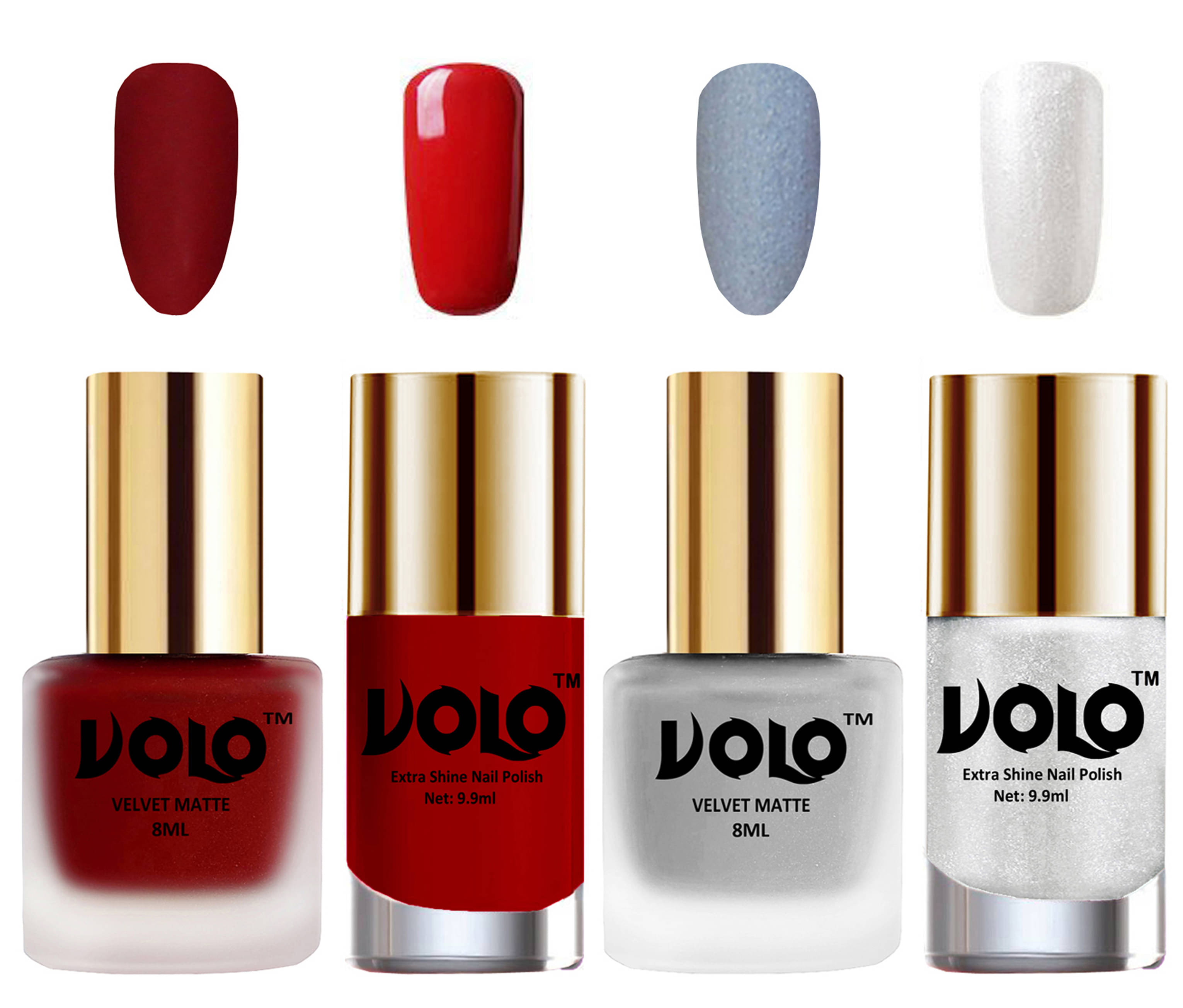 VOLO Extra Shine AND Dull Velvet Matte Nail Polish Red,Silver,Red, Silver Glossy Pack of 4 36 mL VOLO Extra Shine AND Dull Velvet Matte Nail Polish Red,Silver,Red, Silver Glossy Pack of 4 36 mL