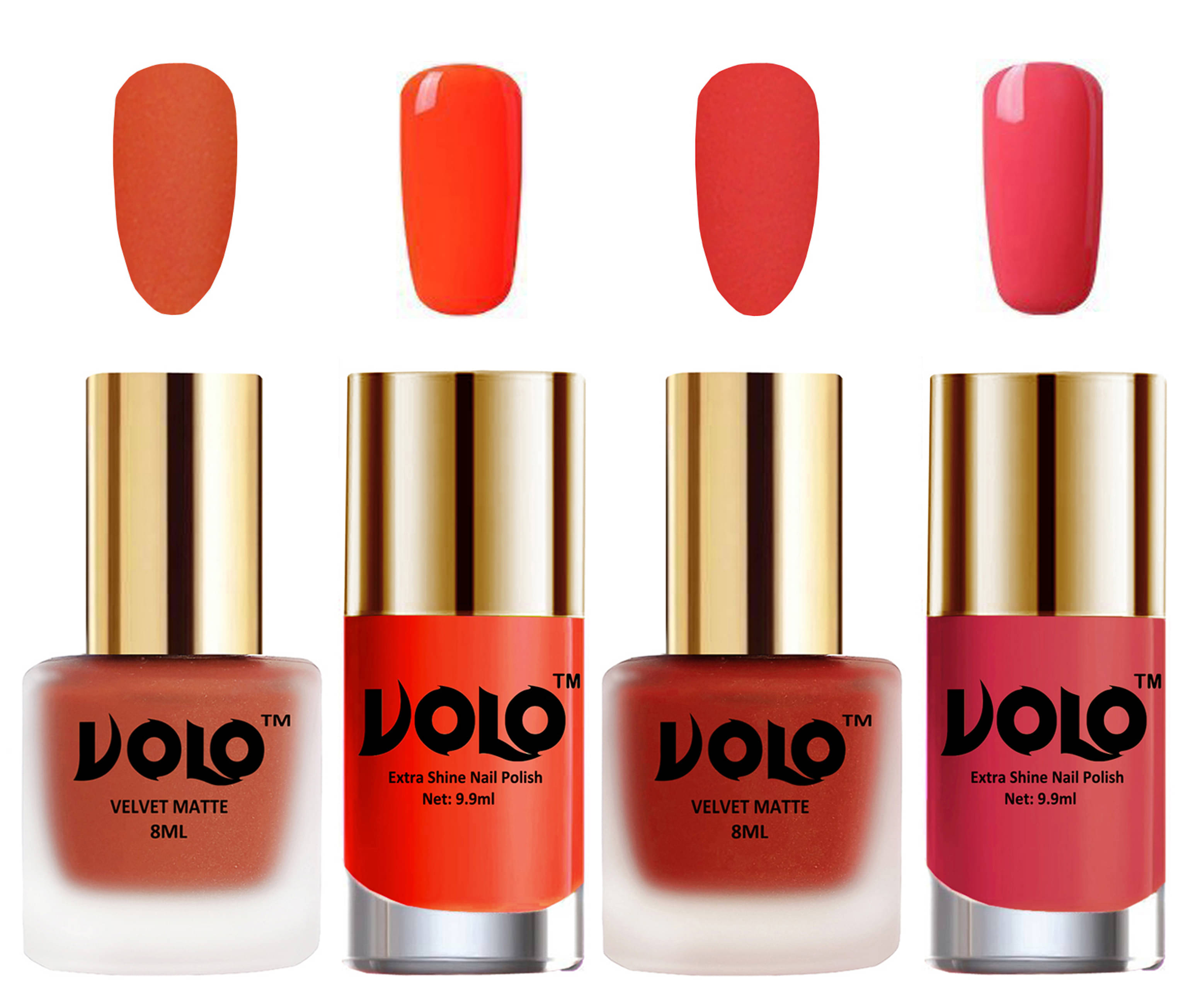 VOLO Extra Shine AND Dull Velvet Matte Nail Polish Orange,Coral,Coral, Pink Glossy Pack of 4 36 mL     			VOLO Extra Shine AND Dull Velvet Matte Nail Polish Orange,Coral,Coral, Pink Glossy Pack of 4 36 mL