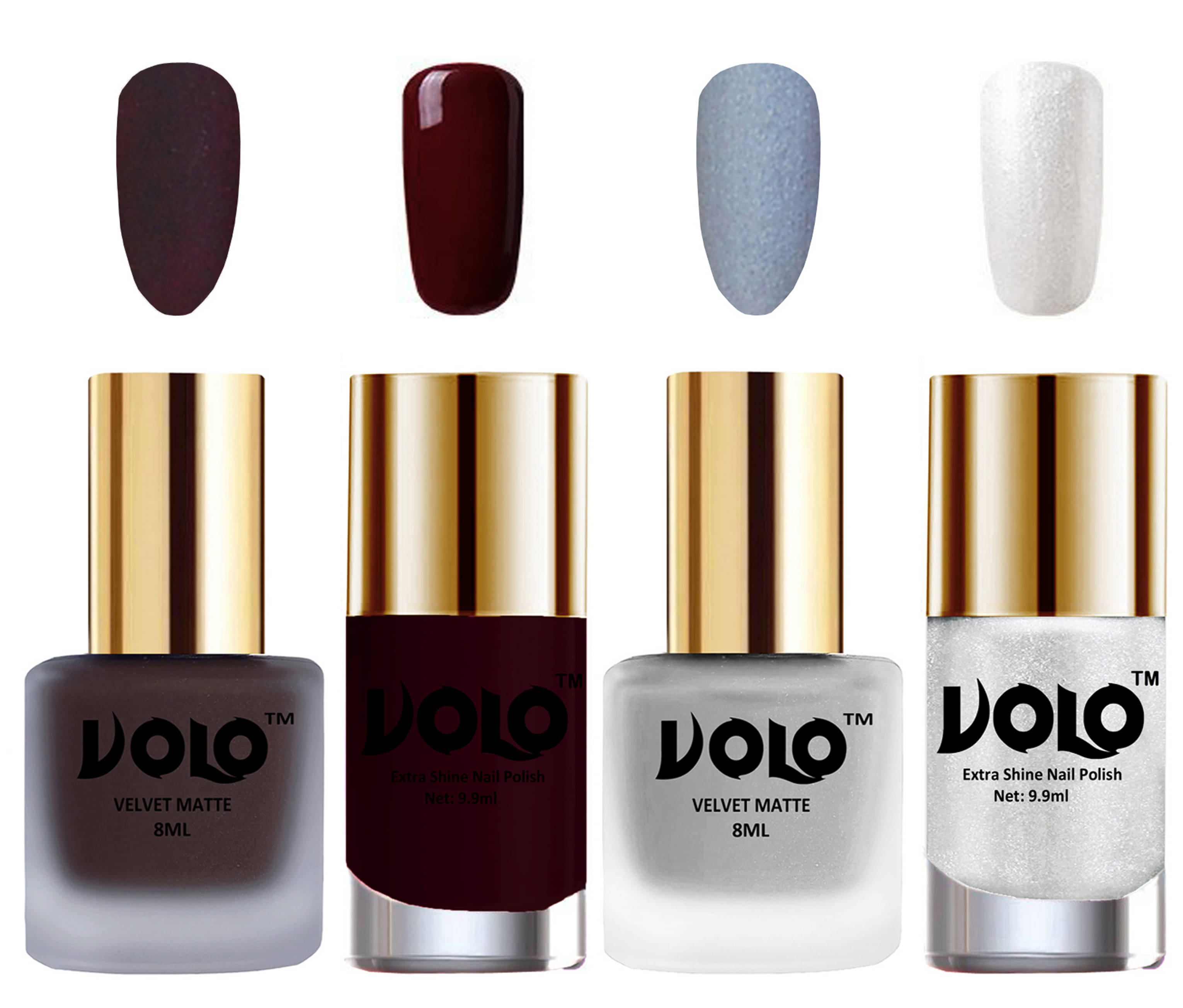 VOLO Extra Shine AND Dull Velvet Matte Nail Polish Coffee,Silver,Maroon Silver Matte Pack of 4 36 mL VOLO Extra Shine AND Dull Velvet Matte Nail Polish Coffee,Silver,Maroon Silver Matte Pack of 4 36 mL