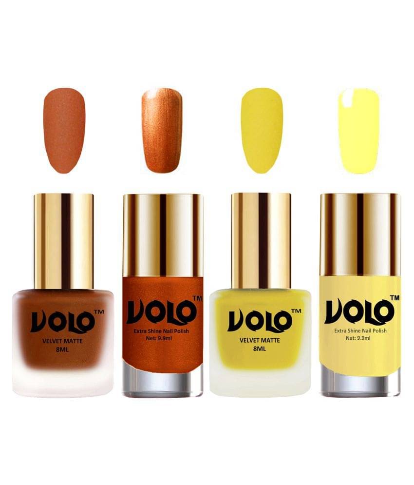 VOLO Extra Shine AND Dull Velvet Matte Nail Polish Coral,Yellow,Gold, Yellow Matte Pack of 4 36 mL VOLO Extra Shine AND Dull Velvet Matte Nail Polish Coral,Yellow,Gold, Yellow Matte Pack of 4 36 mL